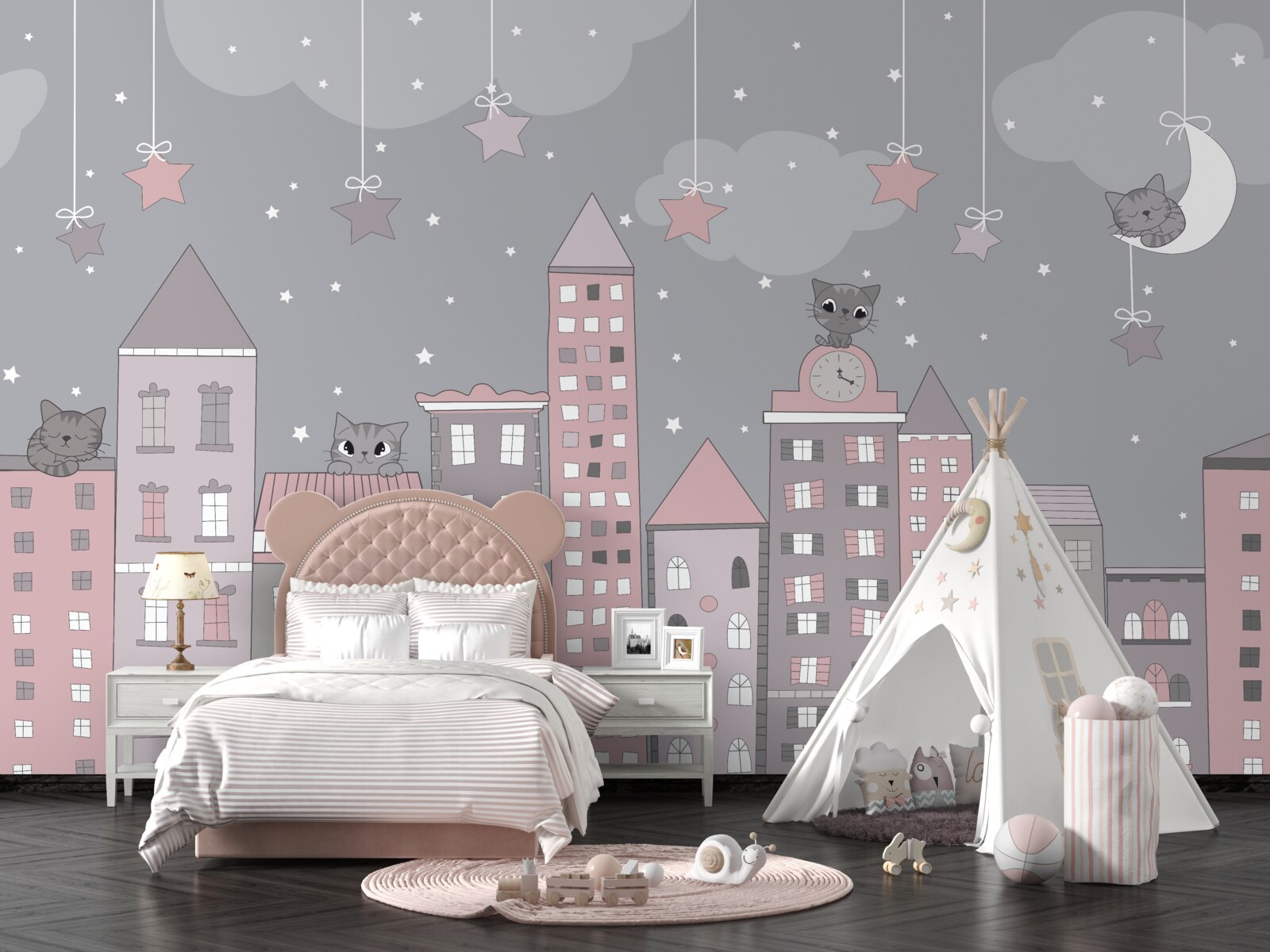 Fotobehang de daken van huizen zijn versierd met katten