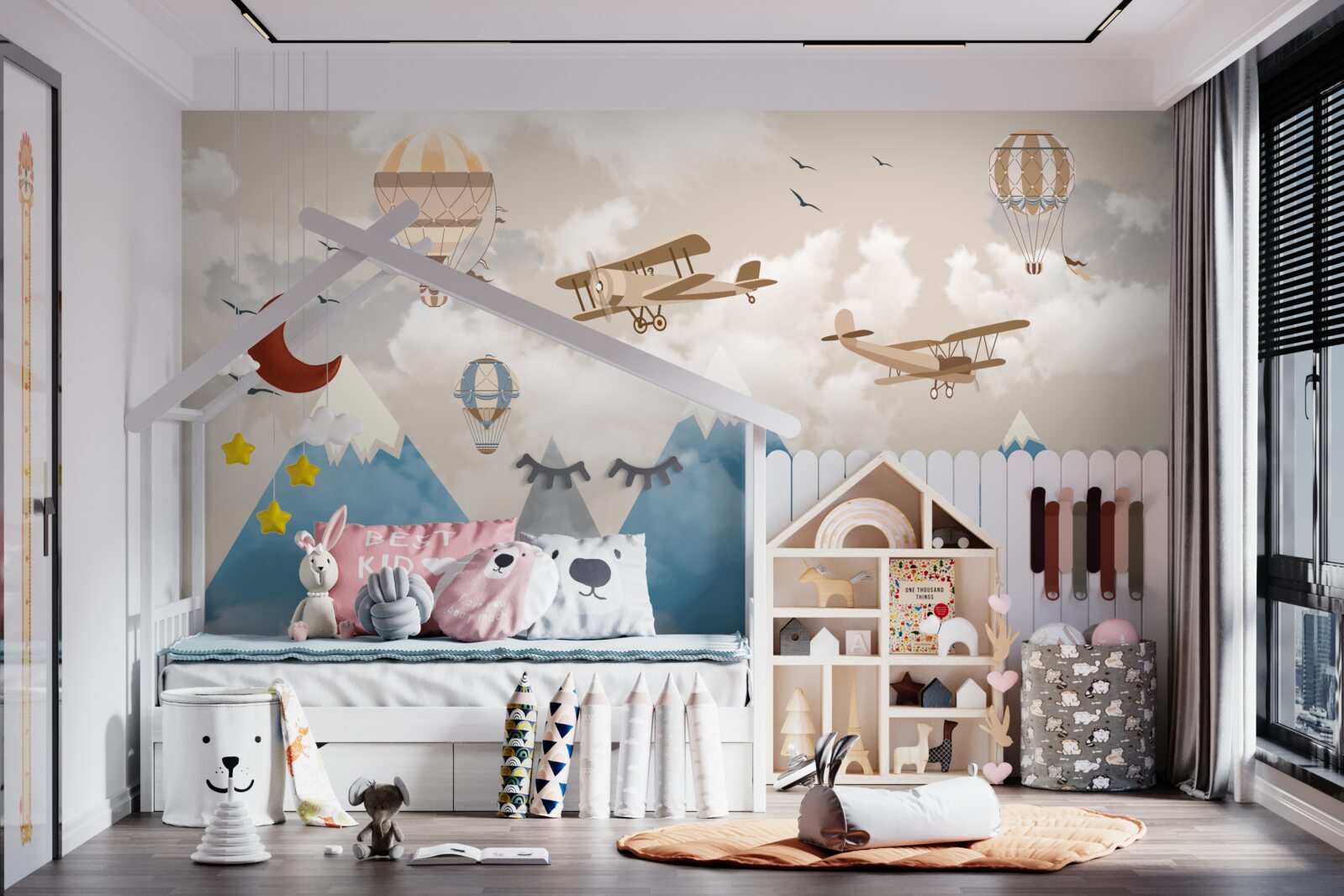 Fotobehang beweging van vogels en luchttransport over bergtoppen