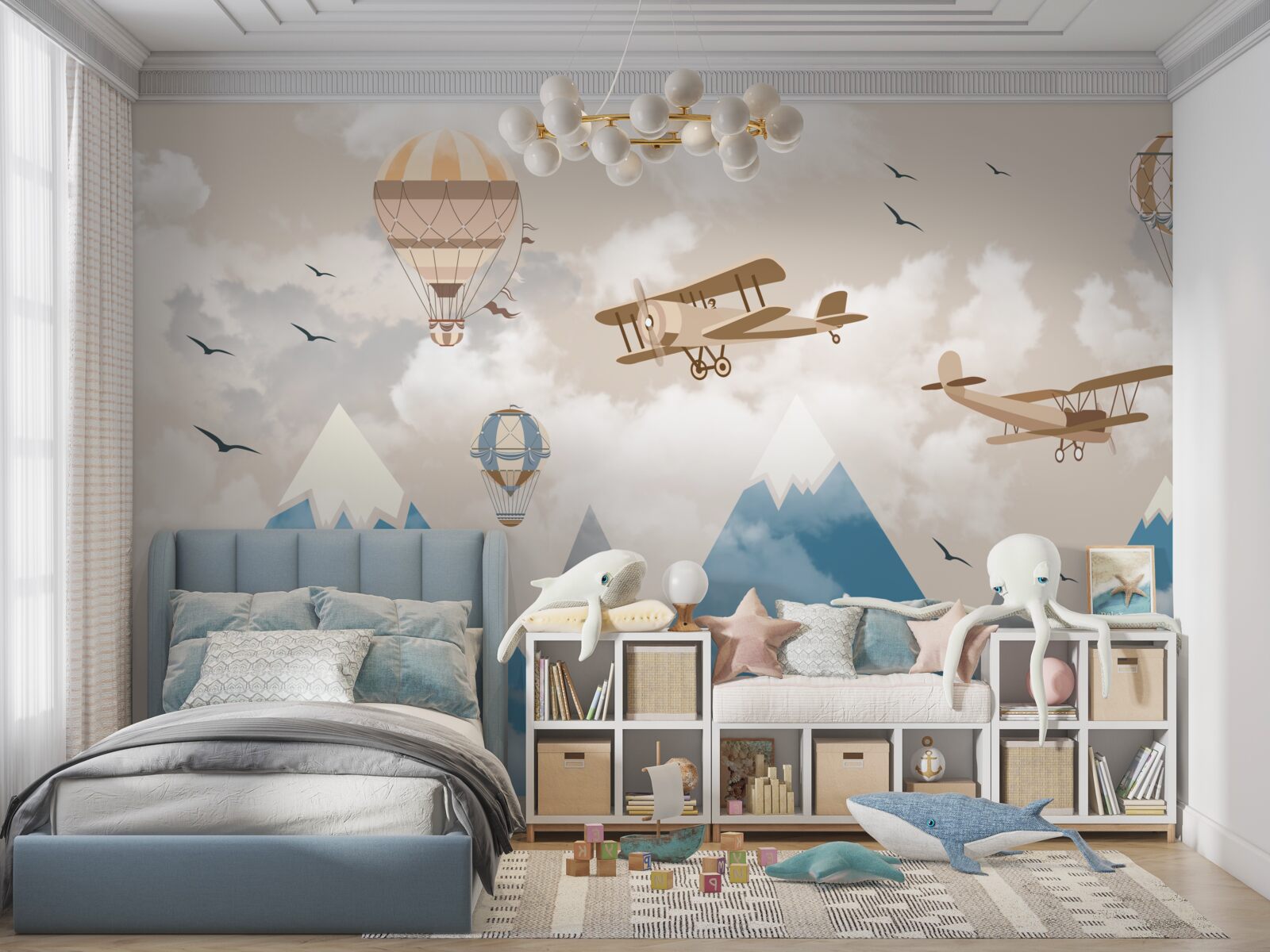 Fotobehang beweging van vogels en luchttransport over bergtoppen