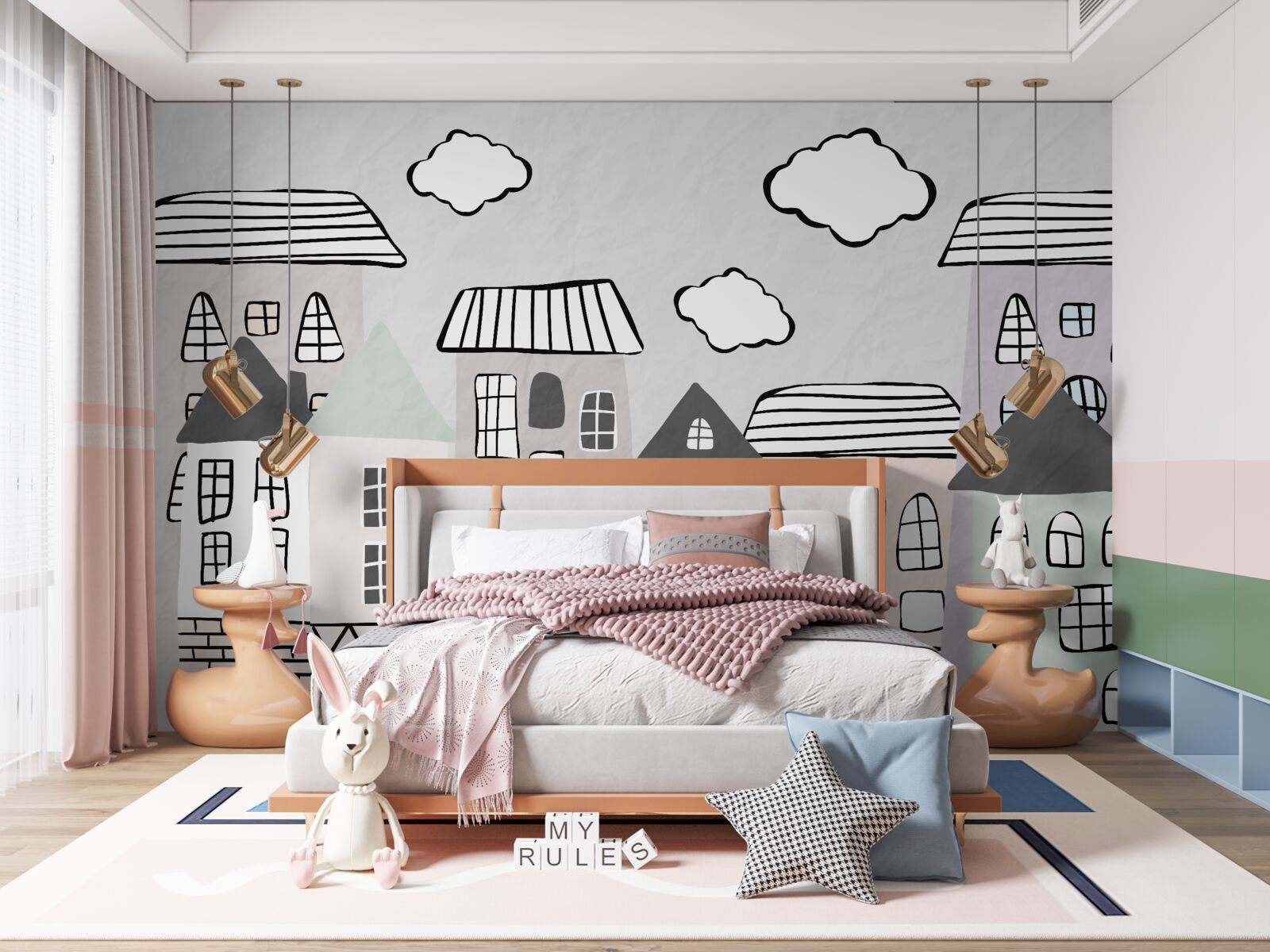 Fotobehang huizen getekend zonder veel moeite