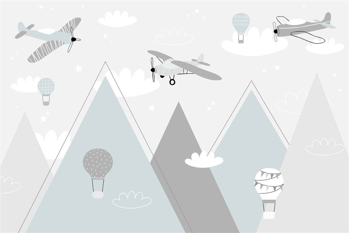 Fotobehang heteluchtballonnen en -vliegtuigen boven bergtoppen