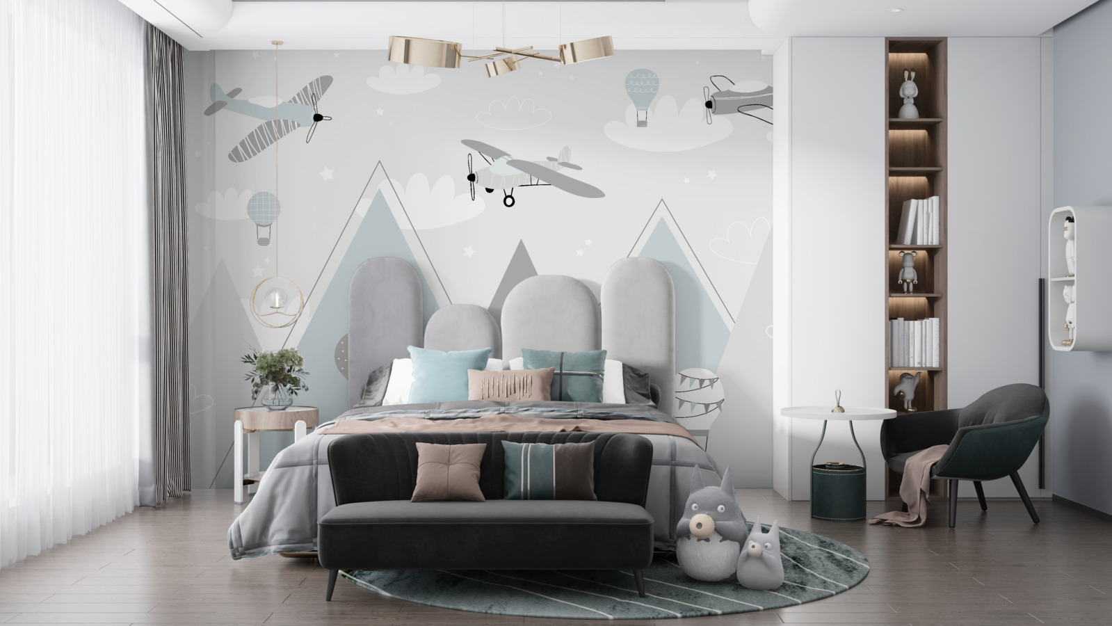 Fotobehang heteluchtballonnen en -vliegtuigen boven bergtoppen