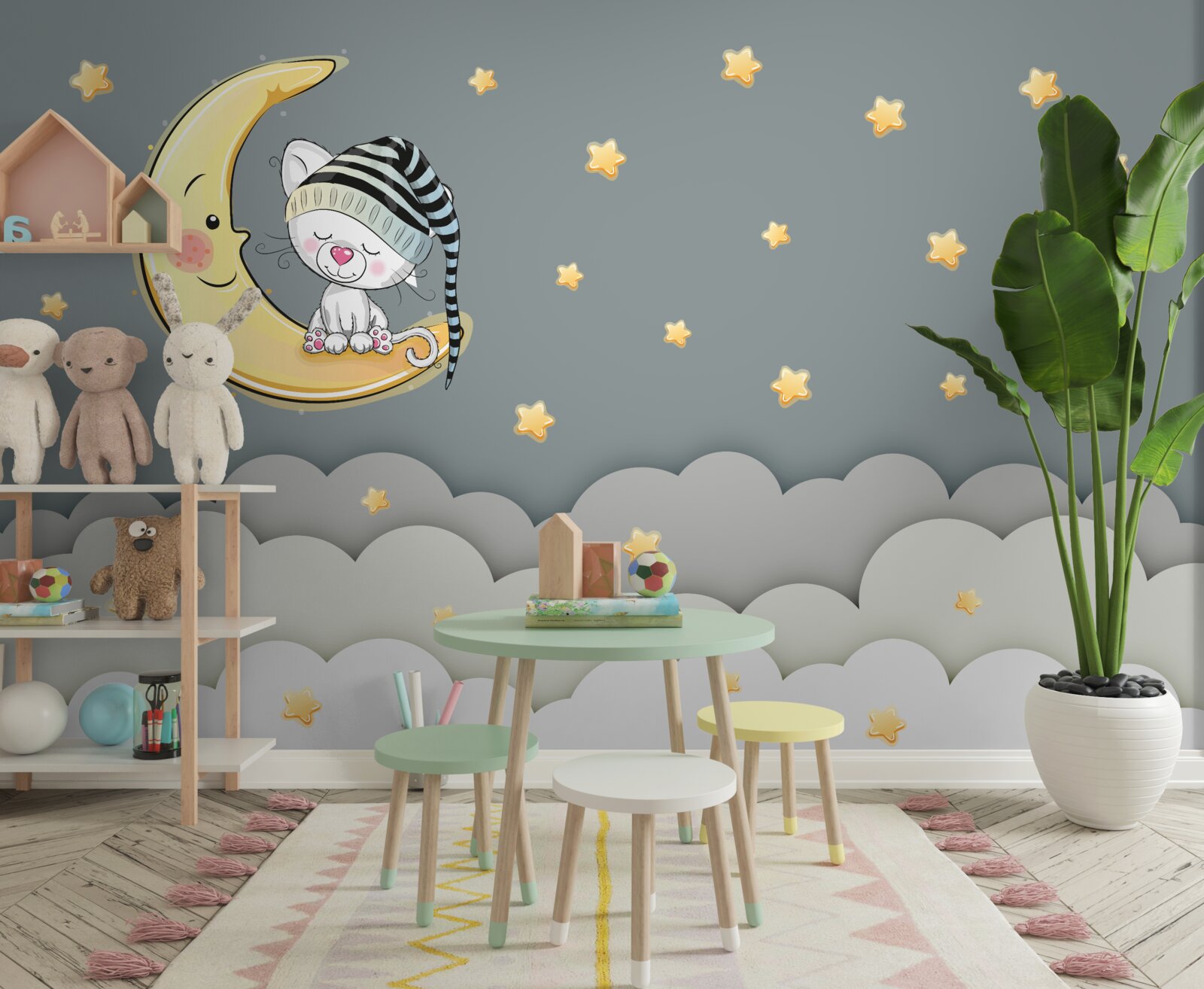 Fotobehang klein pluisje in hoofddeksel op aardse satelliet