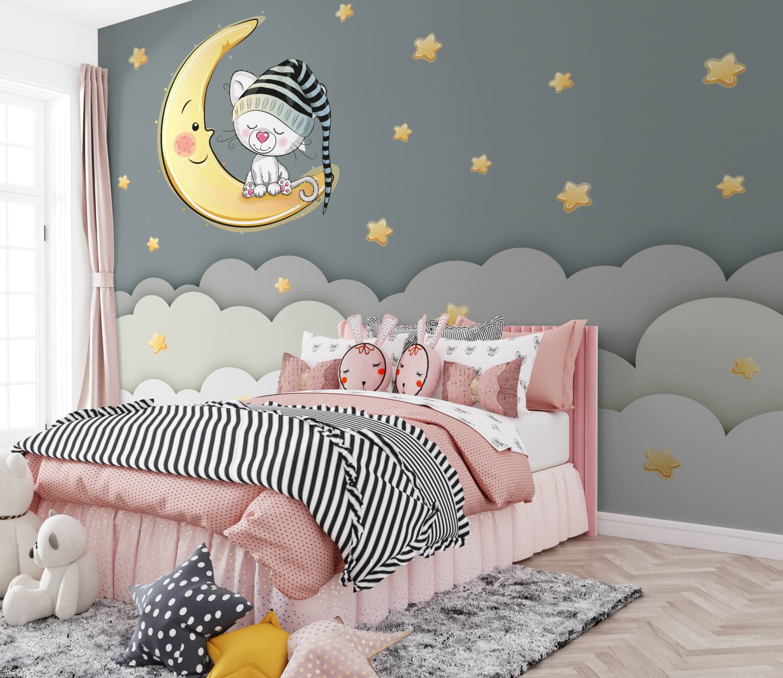 Fotobehang klein pluisje in hoofddeksel op aardse satelliet