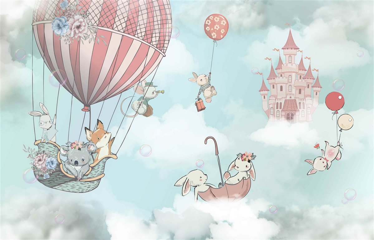 Fotobehang op de achtergrond een kasteel, ervoor vliegende dieren