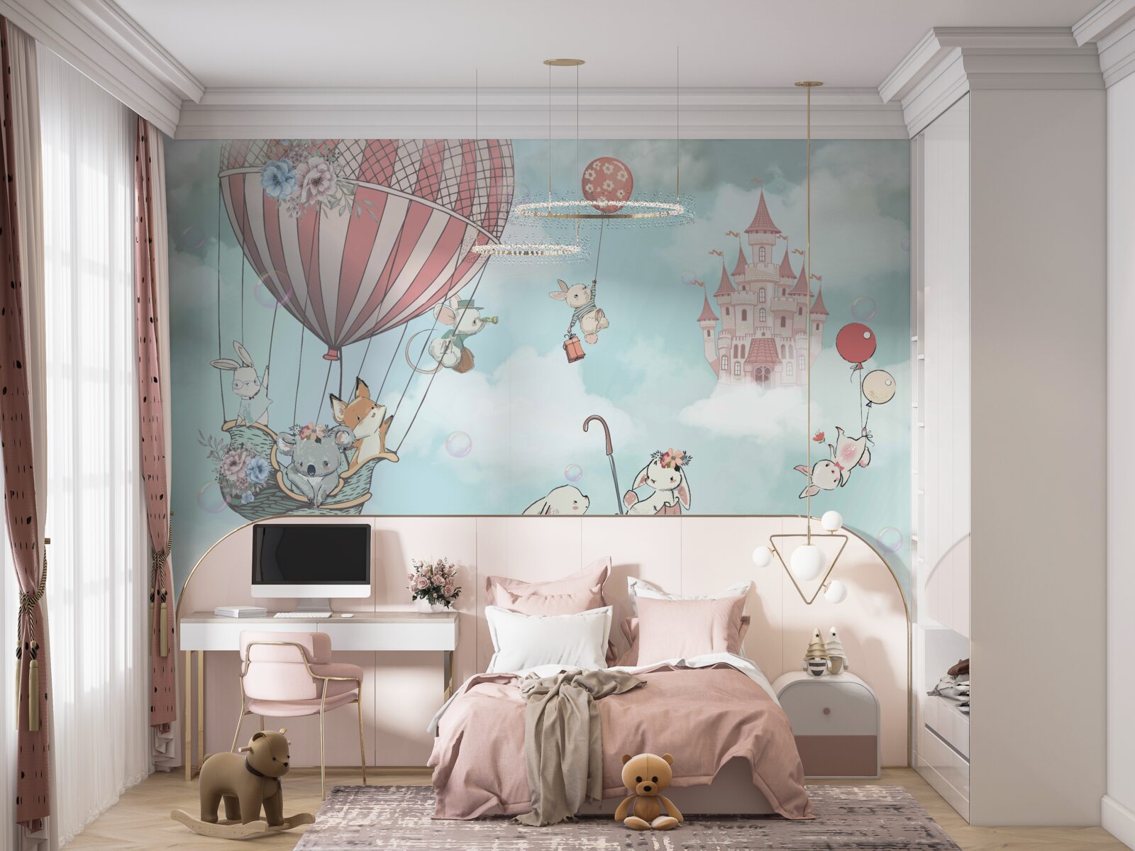 Fotobehang op de achtergrond een kasteel, ervoor vliegende dieren