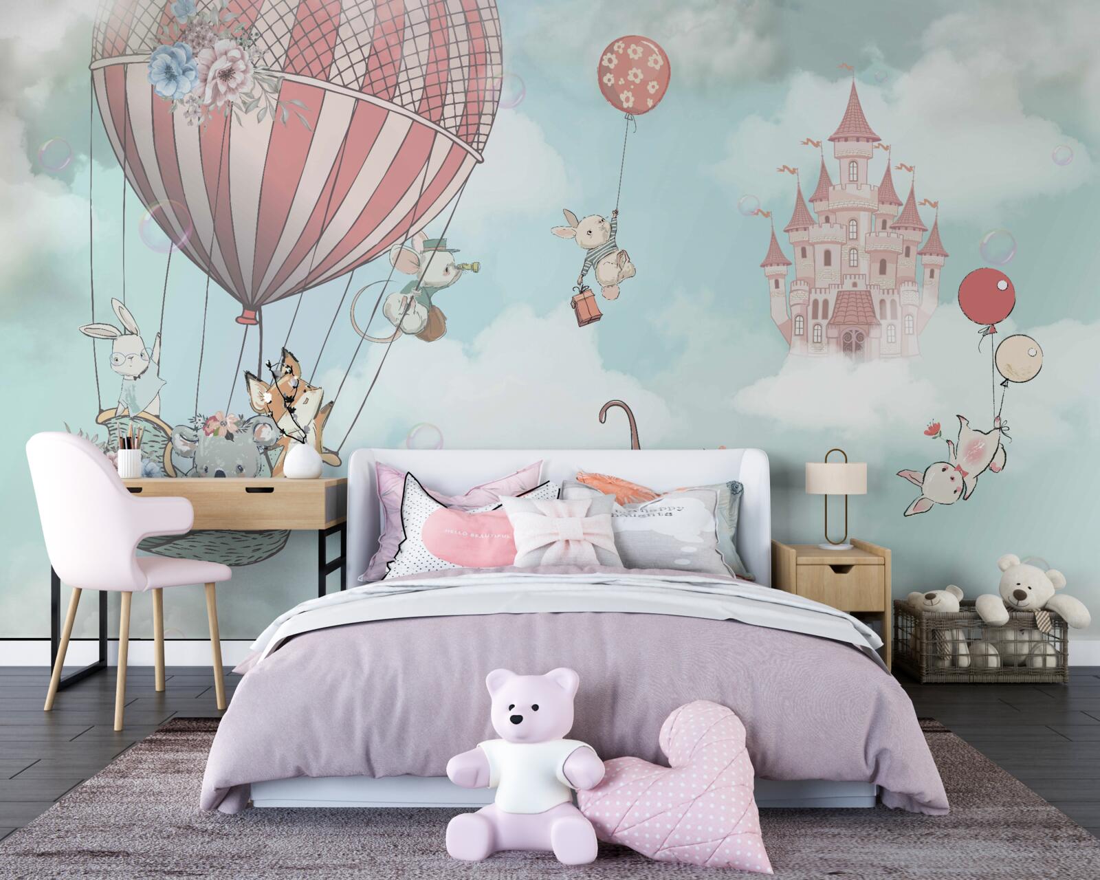 Fotobehang op de achtergrond een kasteel, ervoor vliegende dieren