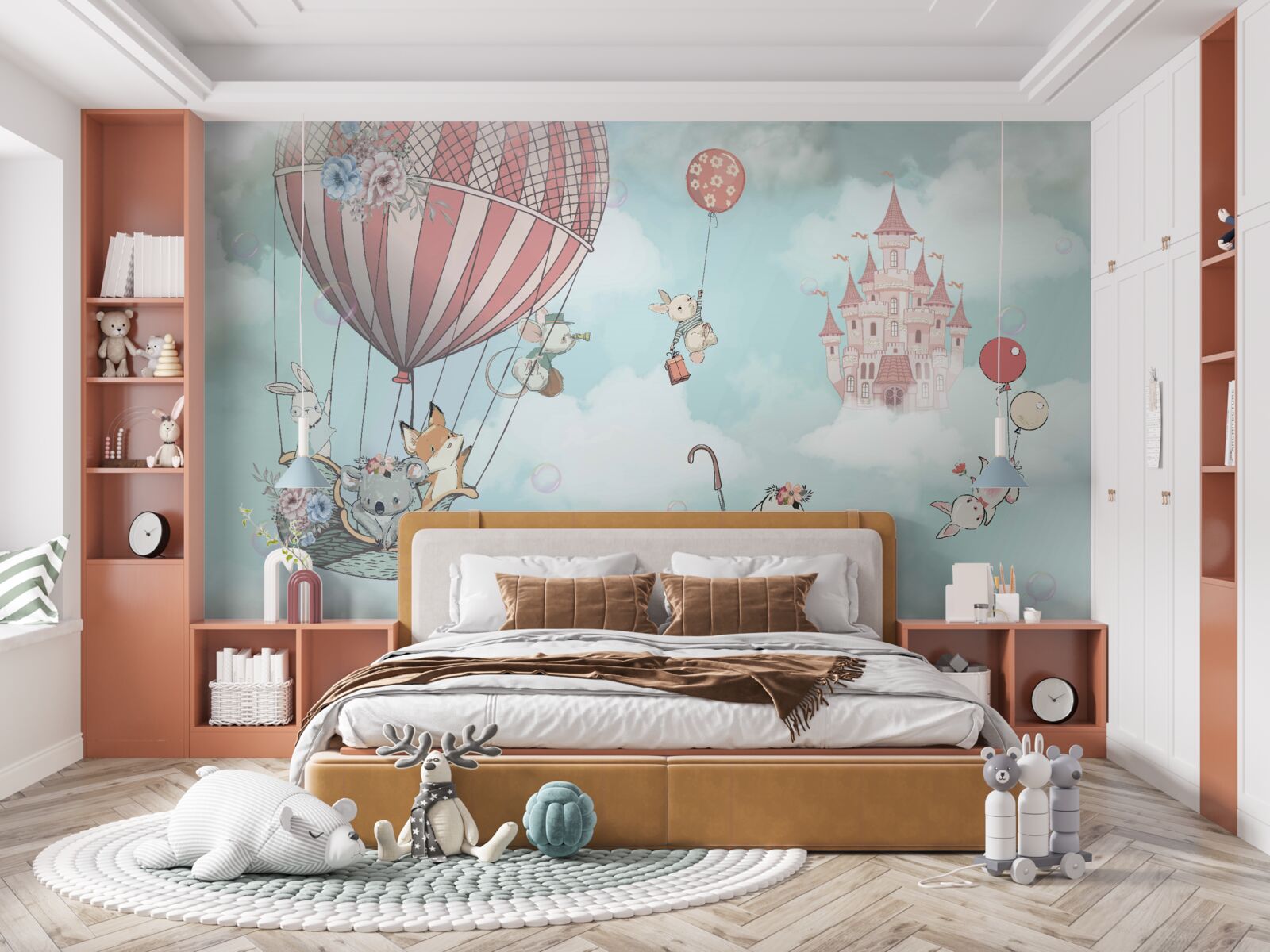 Fotobehang op de achtergrond een kasteel, ervoor vliegende dieren