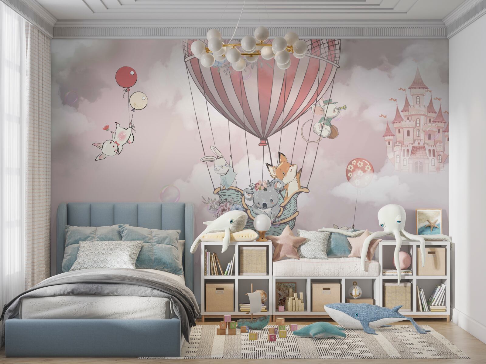 Fotobehang sprookjesachtige dieren zweven op de achtergrond van het kasteel