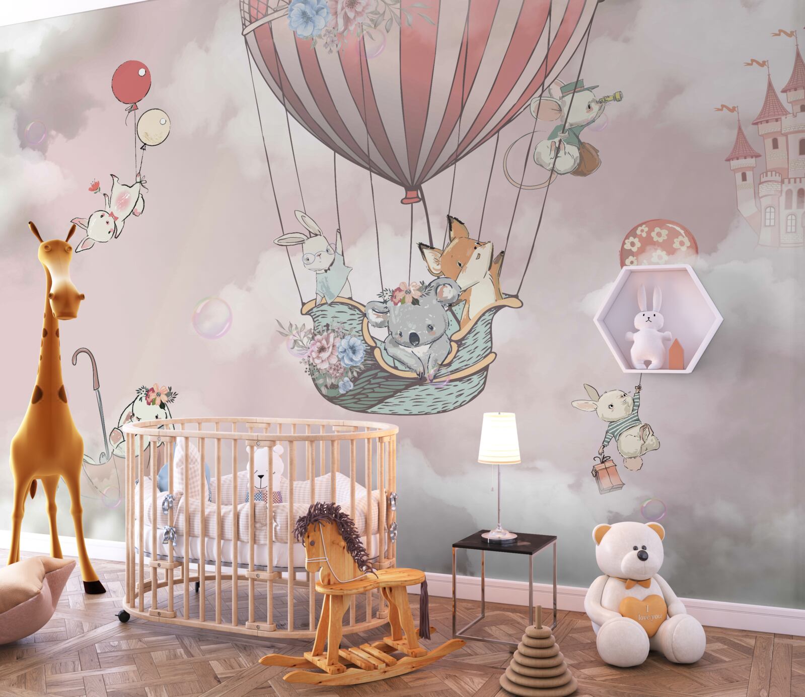 Fotobehang sprookjesachtige dieren zweven op de achtergrond van het kasteel