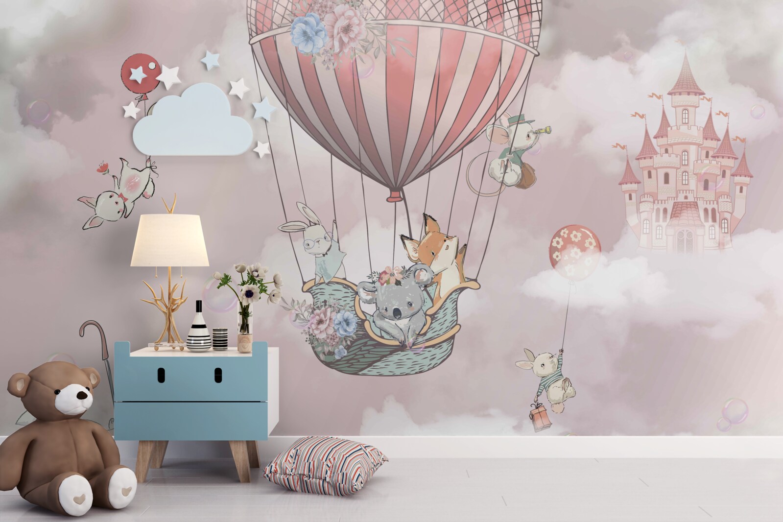 Fotobehang sprookjesachtige dieren zweven op de achtergrond van het kasteel