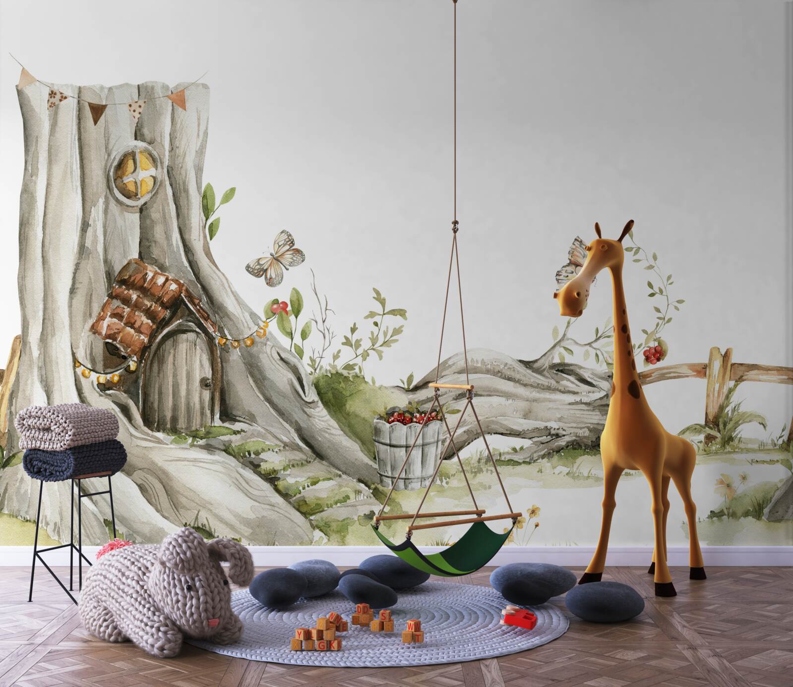 Fotobehang de ingang van de houten woning van de bosbewoner