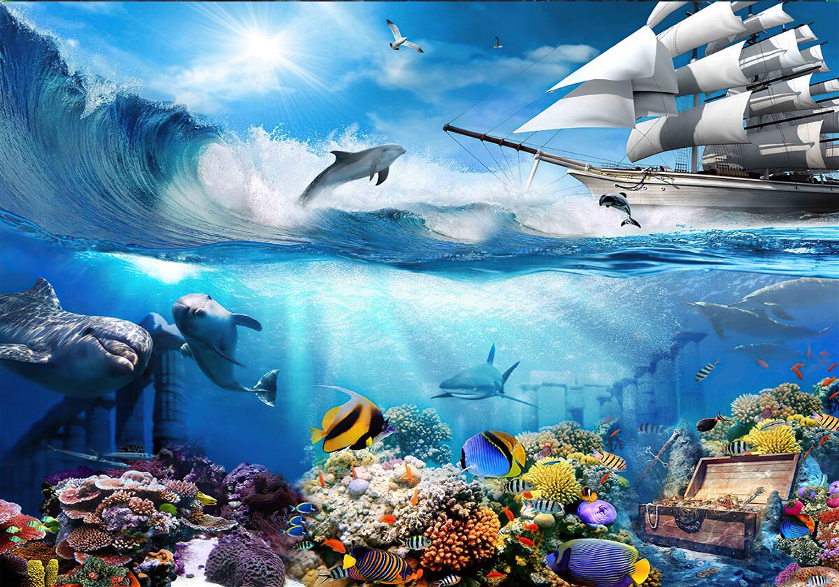 Fotobehang het schip en het waterige universum eronder