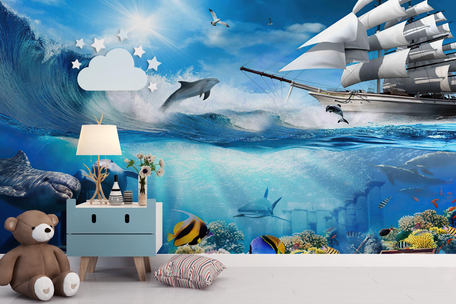 Fotobehang het schip en het waterige universum eronder