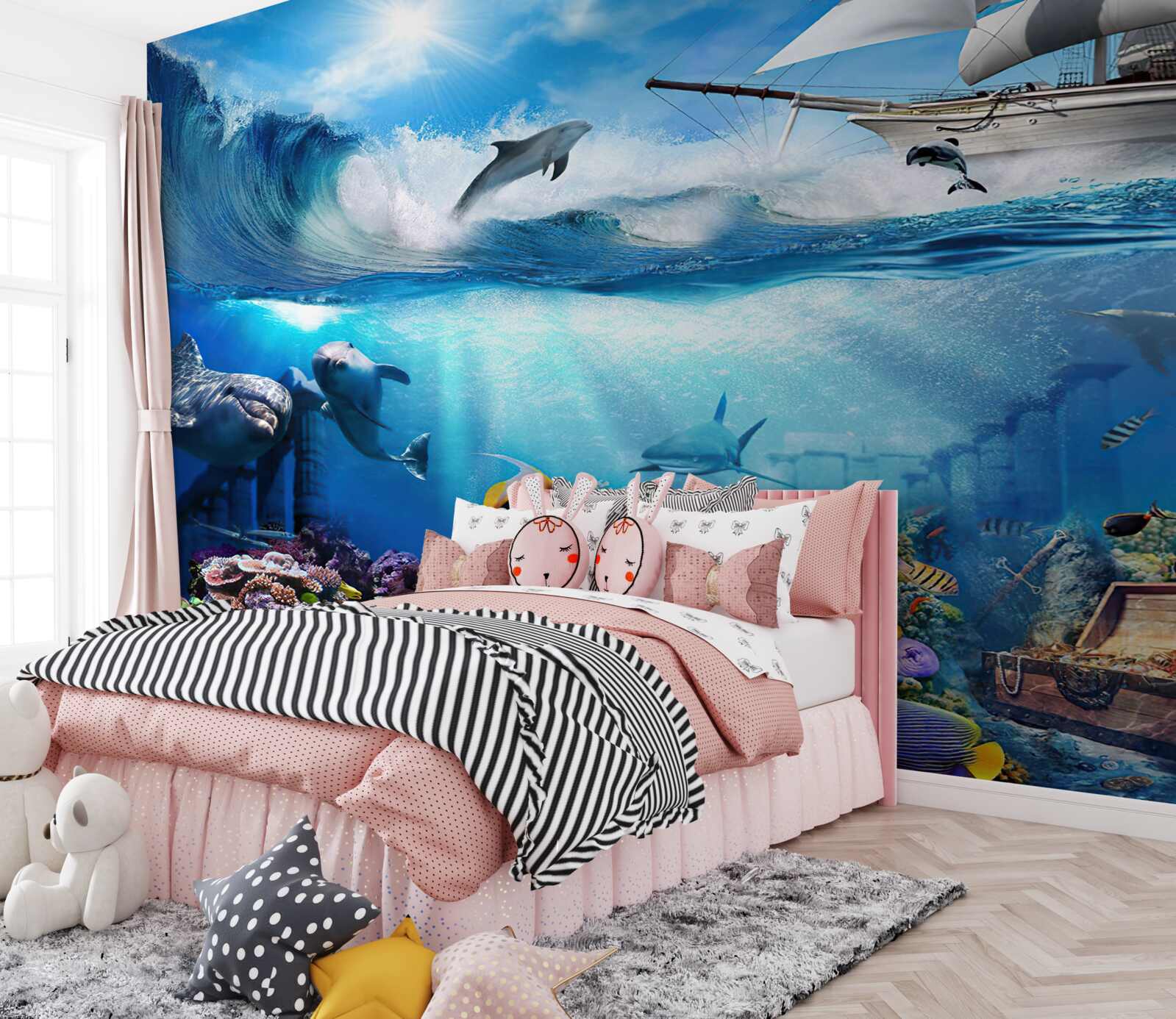 Fotobehang het schip en het waterige universum eronder