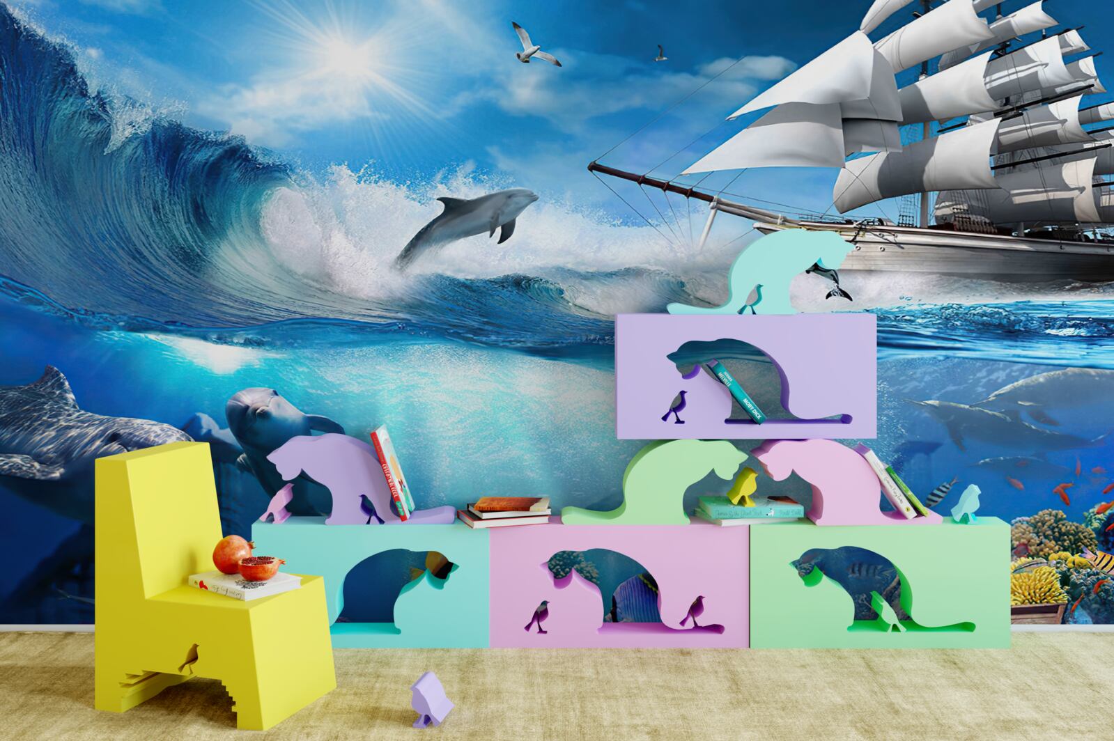 Fotobehang het schip en het waterige universum eronder