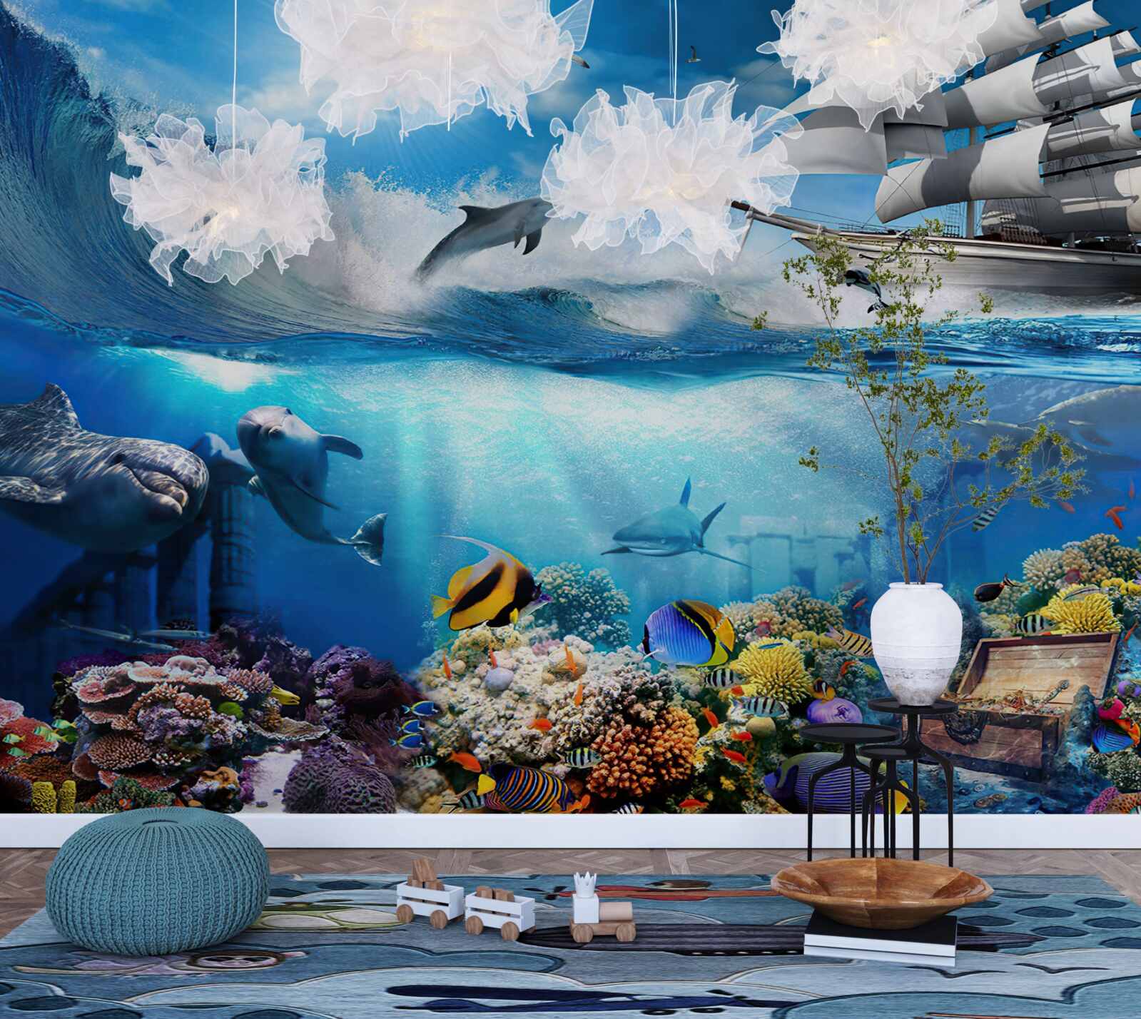 Fotobehang het schip en het waterige universum eronder