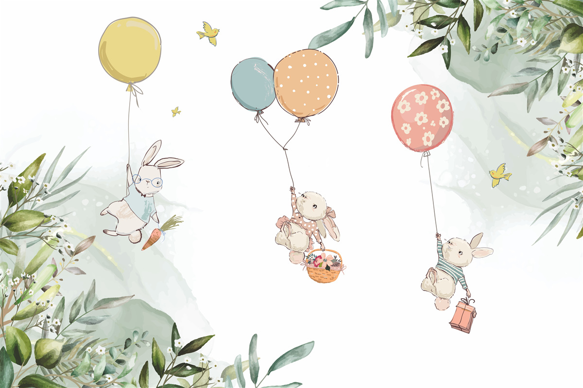 Fotobehang konijnen drijvend op ballonnen