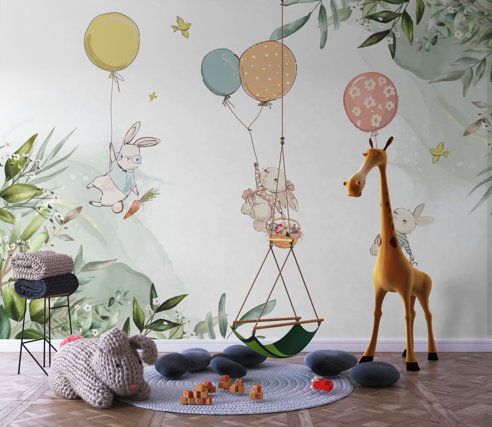 Fotobehang konijnen drijvend op ballonnen