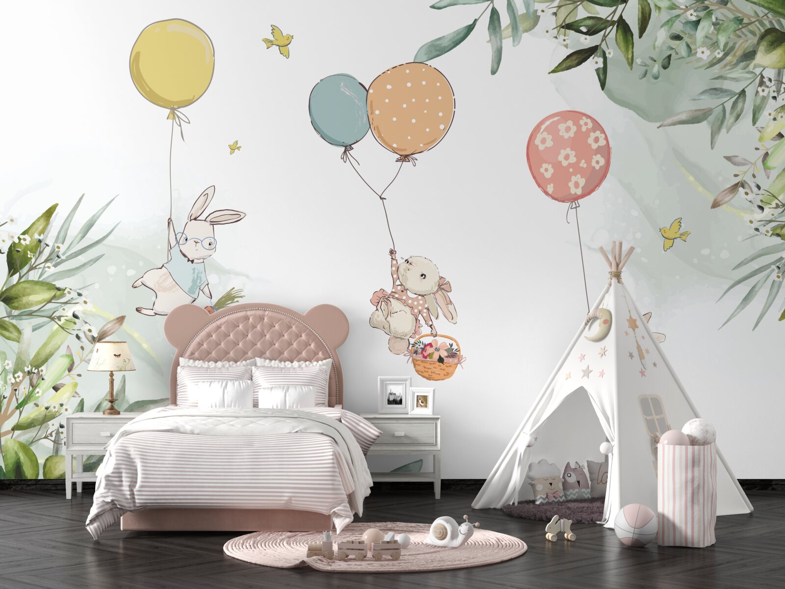 Fotobehang konijnen drijvend op ballonnen