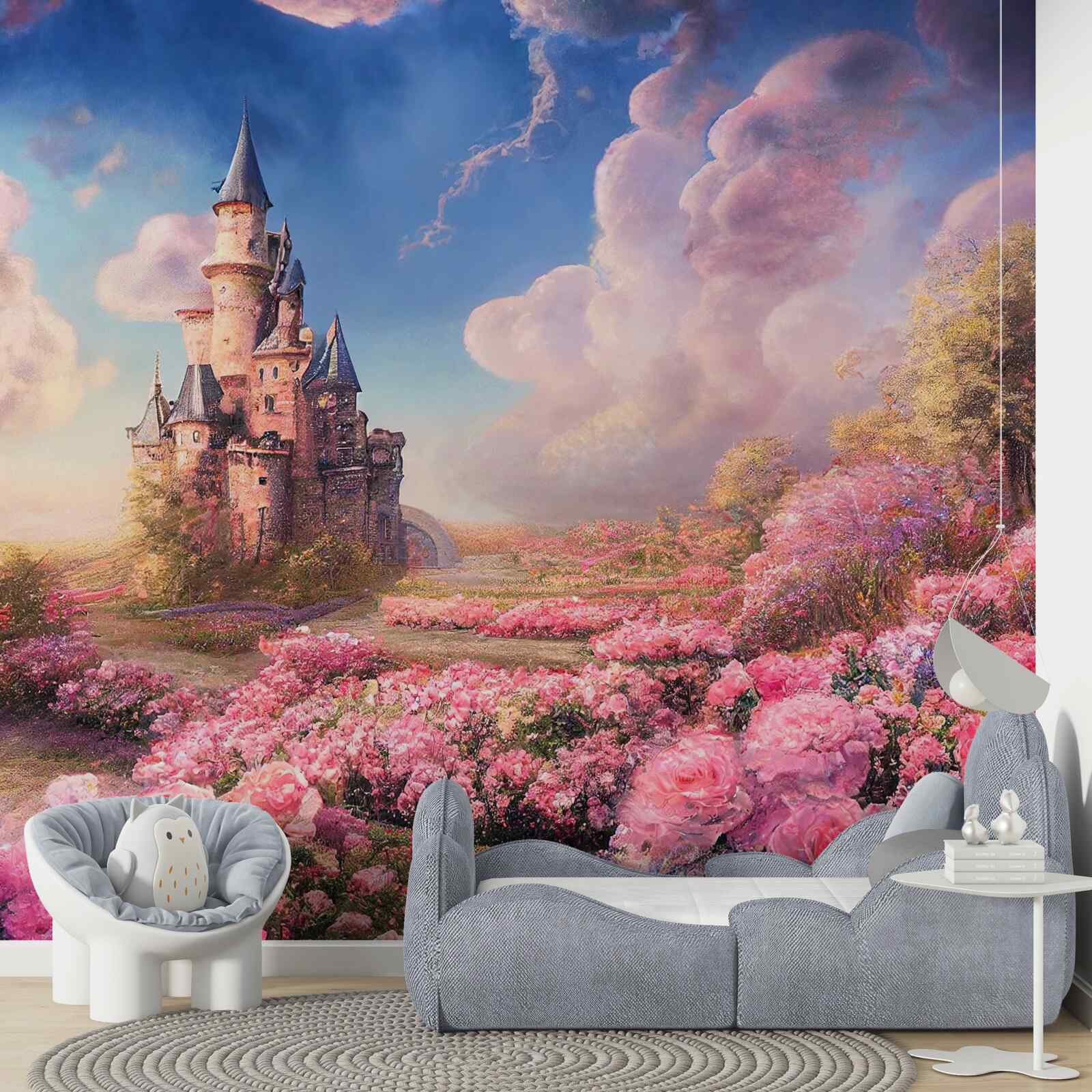 Fotobehang honingdorp met planten tegen de achtergrond van een magisch herenhuis