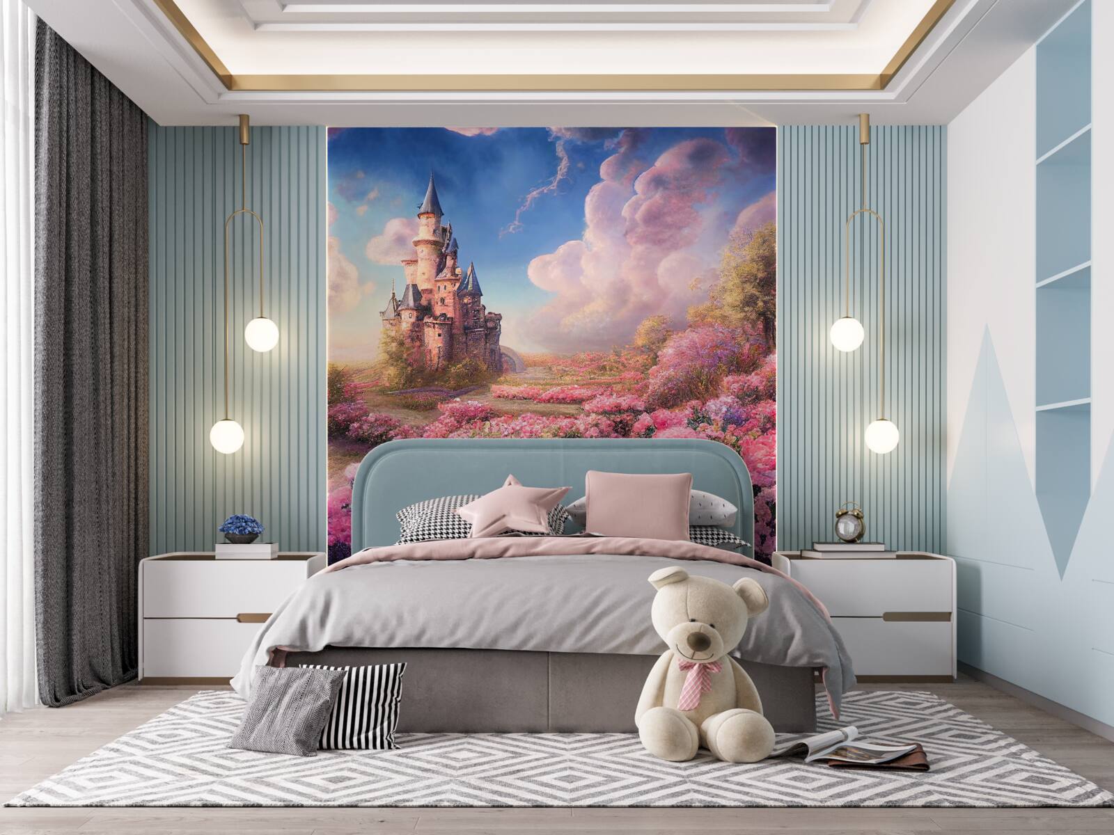 Fotobehang honingdorp met planten tegen de achtergrond van een magisch herenhuis