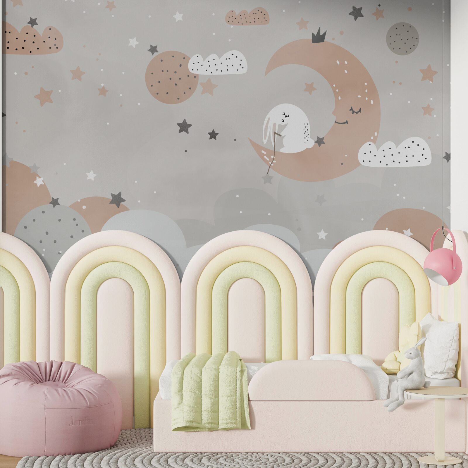 Fotobehang maanwit konijn verzamelt sterren