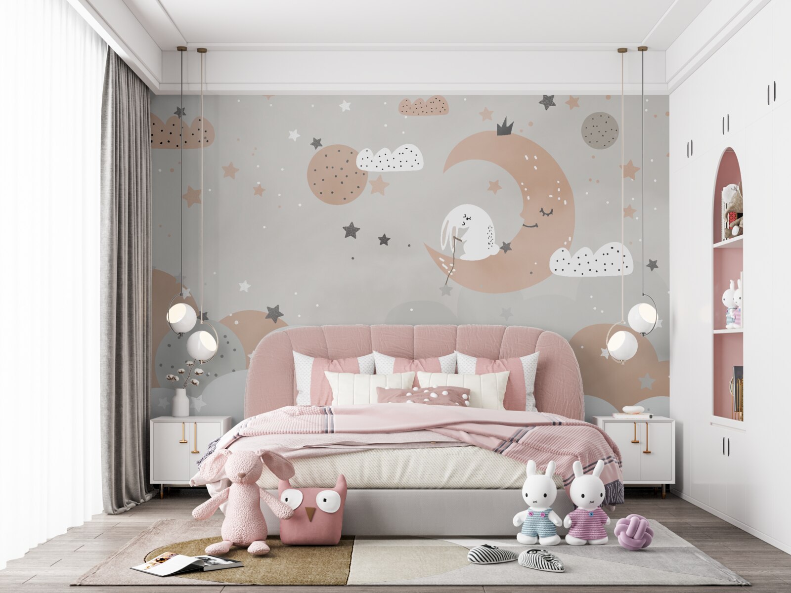 Fotobehang maanwit konijn verzamelt sterren