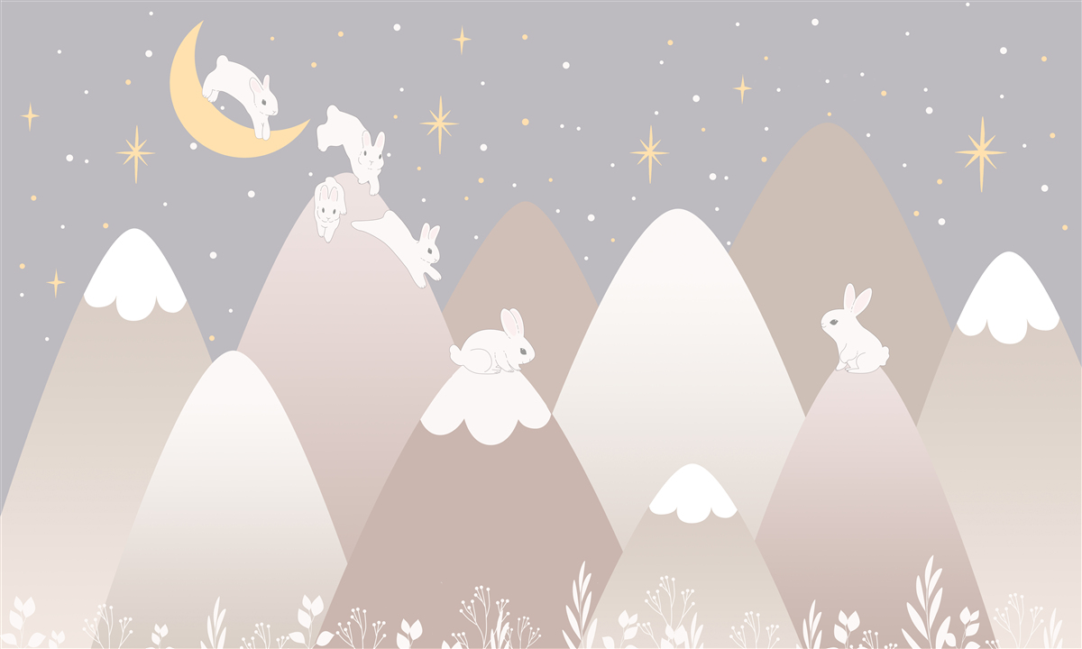 Fotobehang beschilderde bergen zijn de speeltuin van springende witte konijntjes