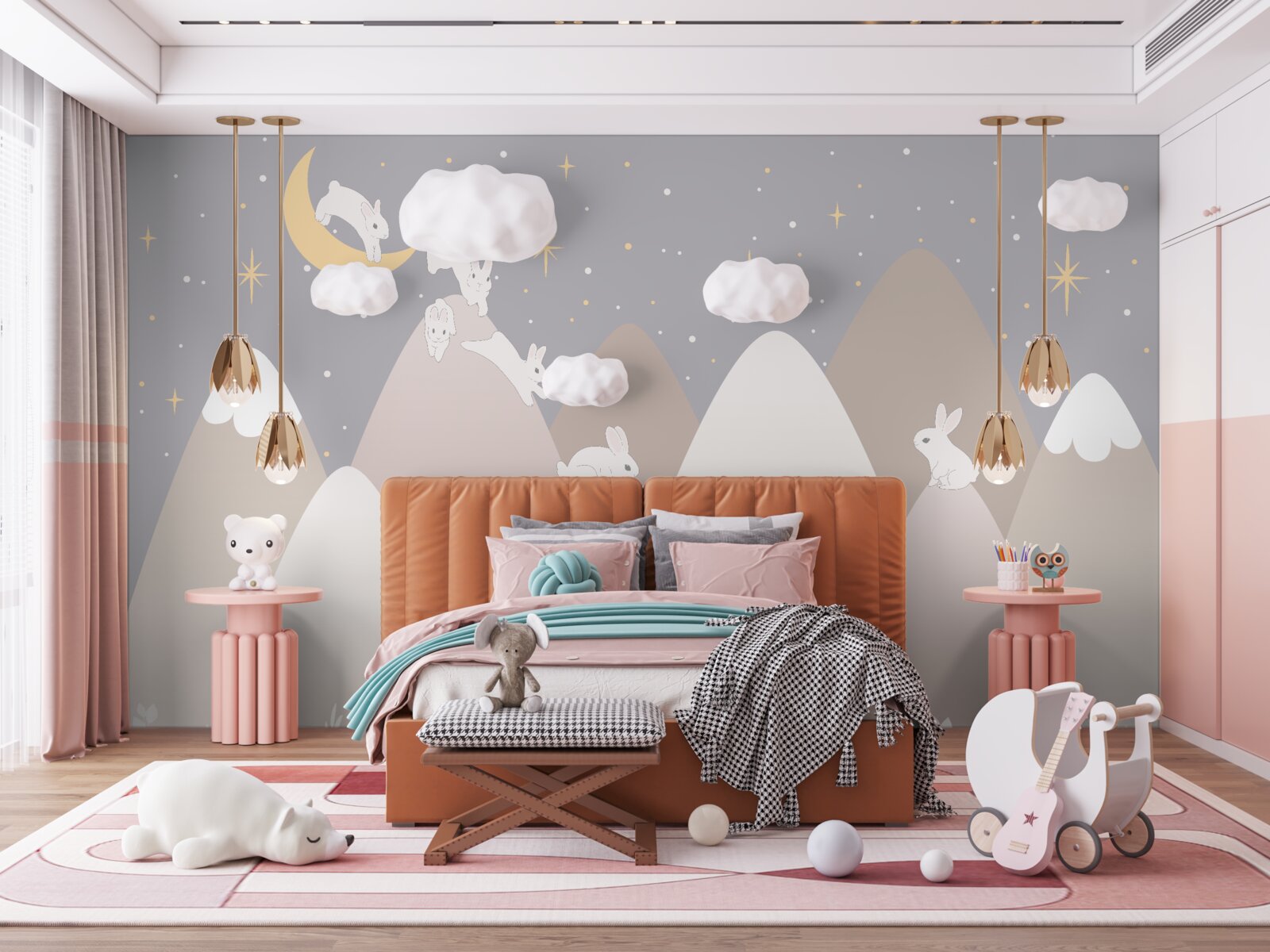 Fotobehang beschilderde bergen zijn de speeltuin van springende witte konijntjes