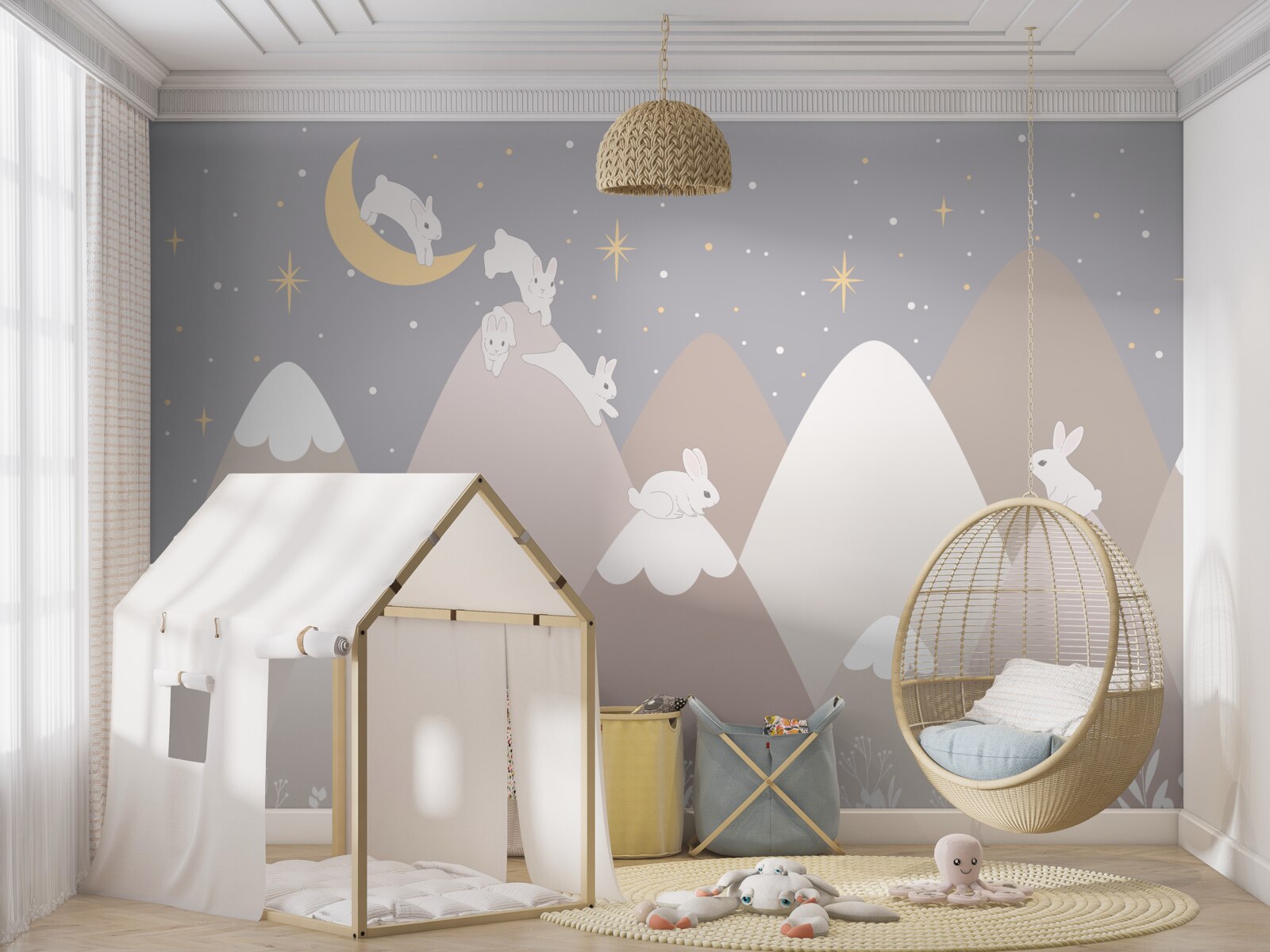 Fotobehang beschilderde bergen zijn de speeltuin van springende witte konijntjes