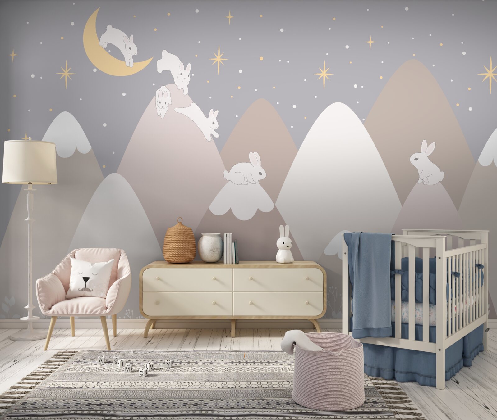 Fotobehang beschilderde bergen zijn de speeltuin van springende witte konijntjes