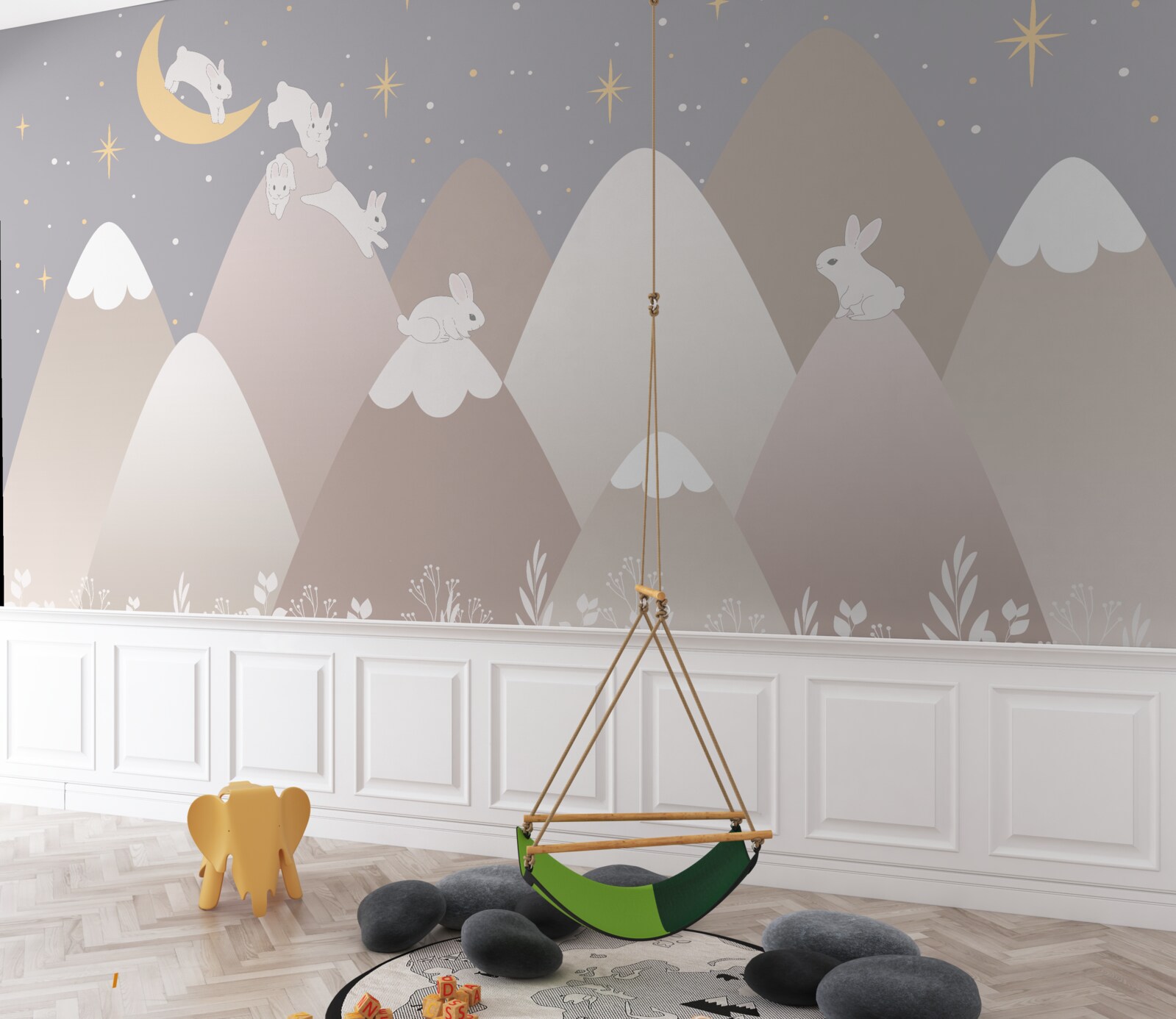 Fotobehang beschilderde bergen zijn de speeltuin van springende witte konijntjes