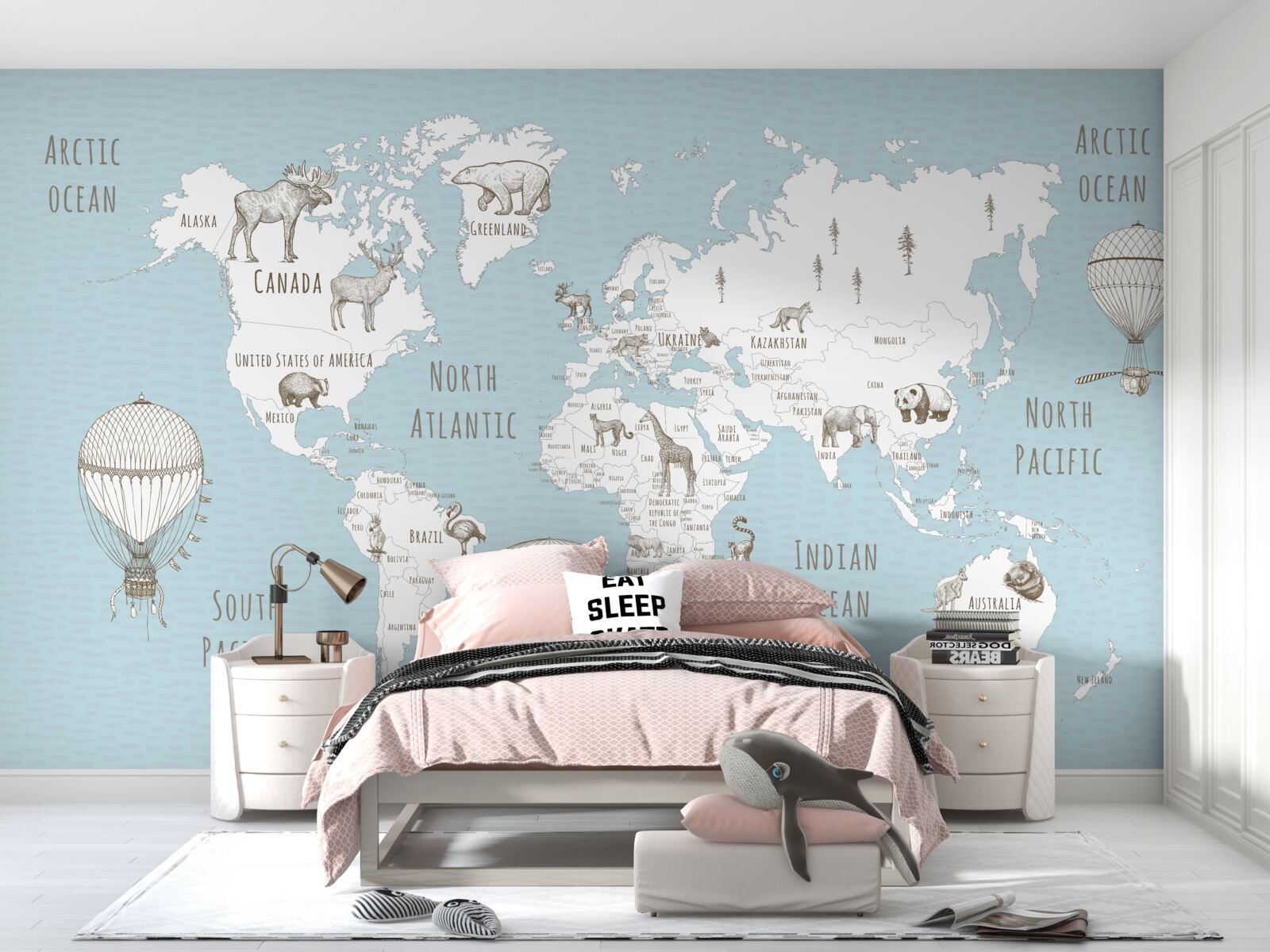 Fotobehang wereldbol met dieren en vliegende objecten