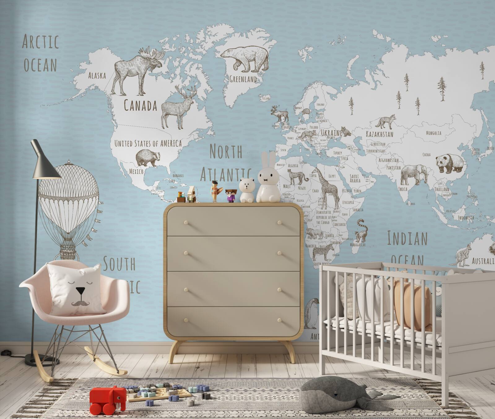 Fotobehang wereldbol met dieren en vliegende objecten