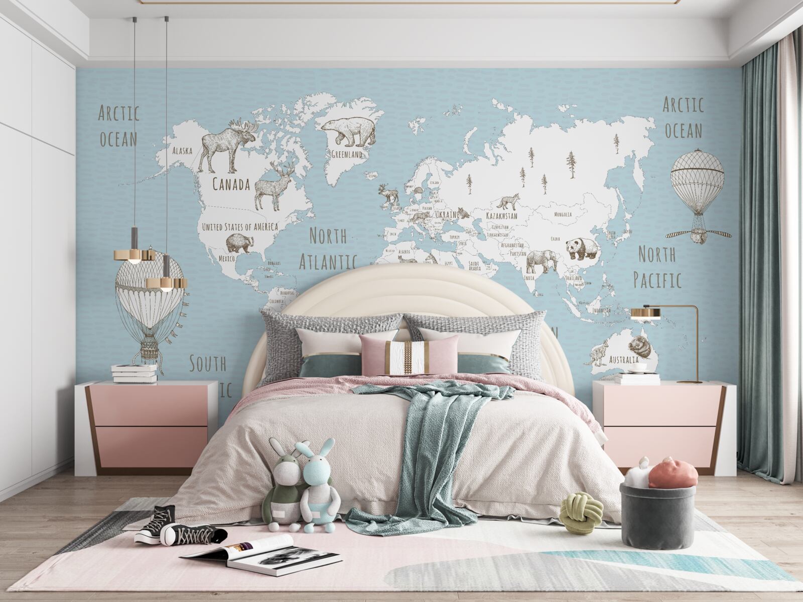 Fotobehang wereldbol met dieren en vliegende objecten