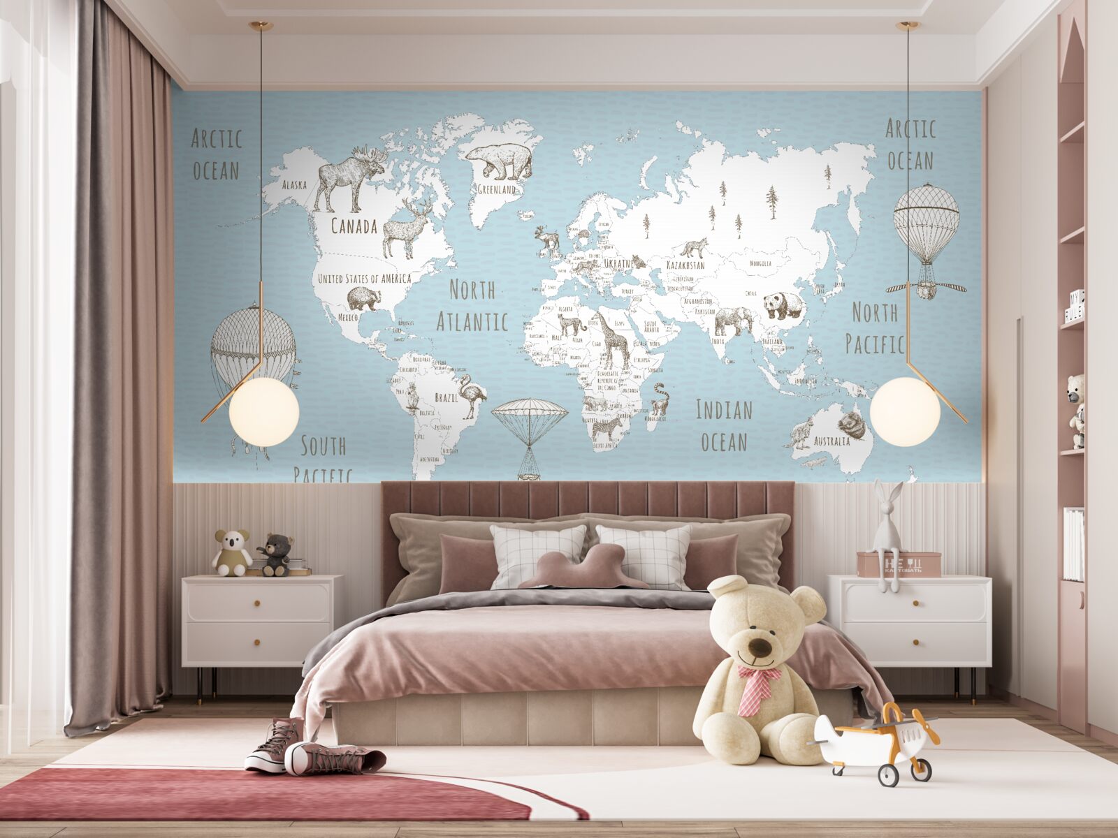 Fotobehang wereldbol met dieren en vliegende objecten