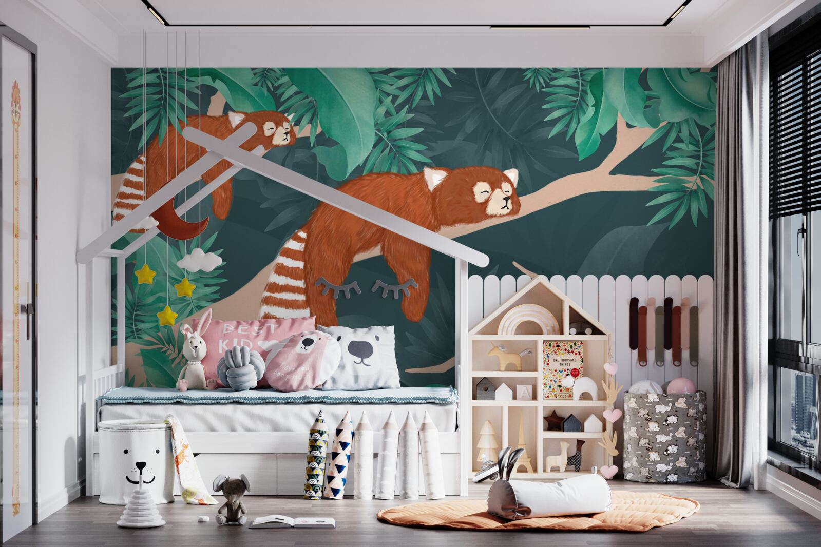 Fotobehang oranje panda's rustend op takken