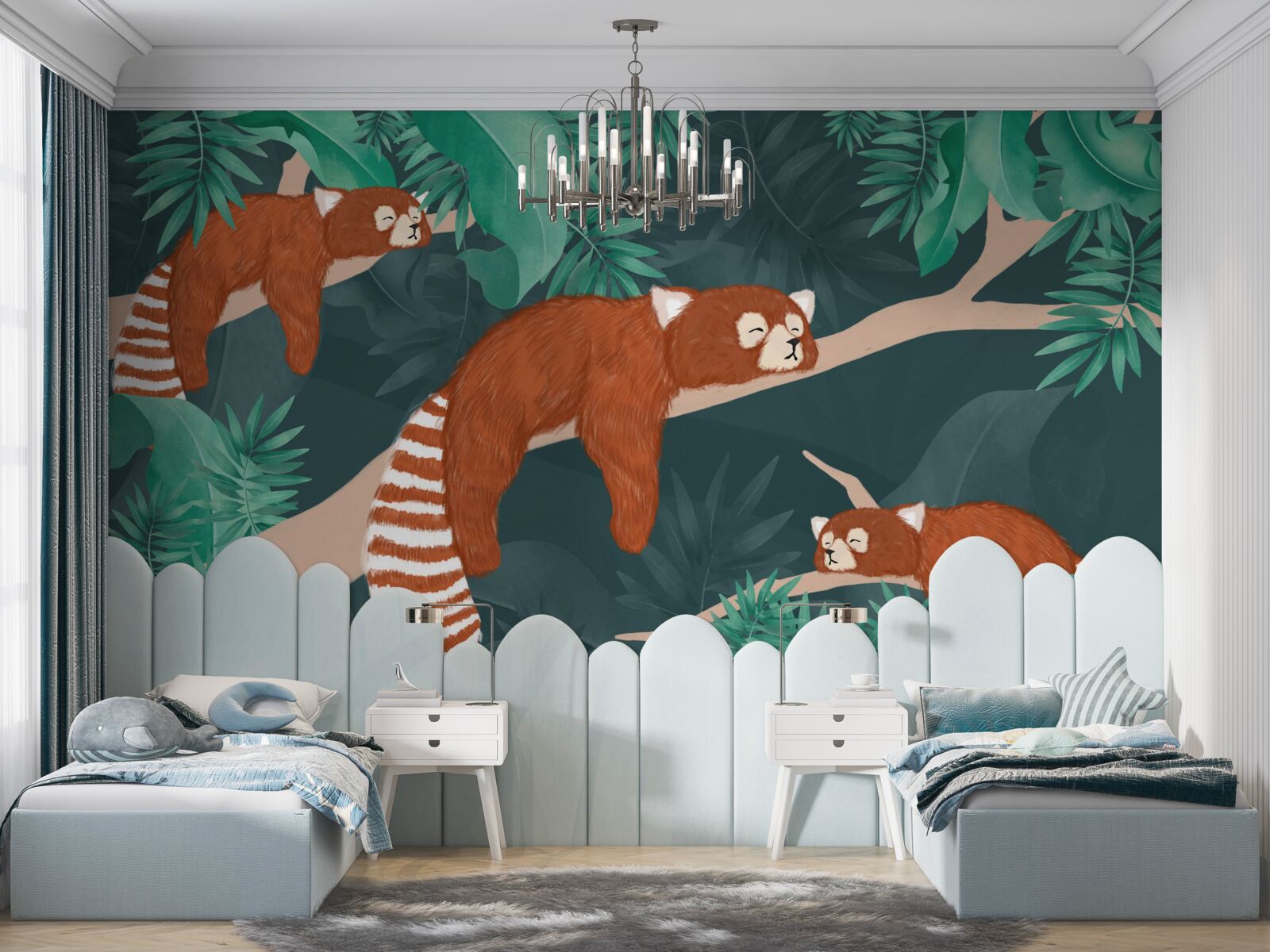 Fotobehang oranje panda's rustend op takken