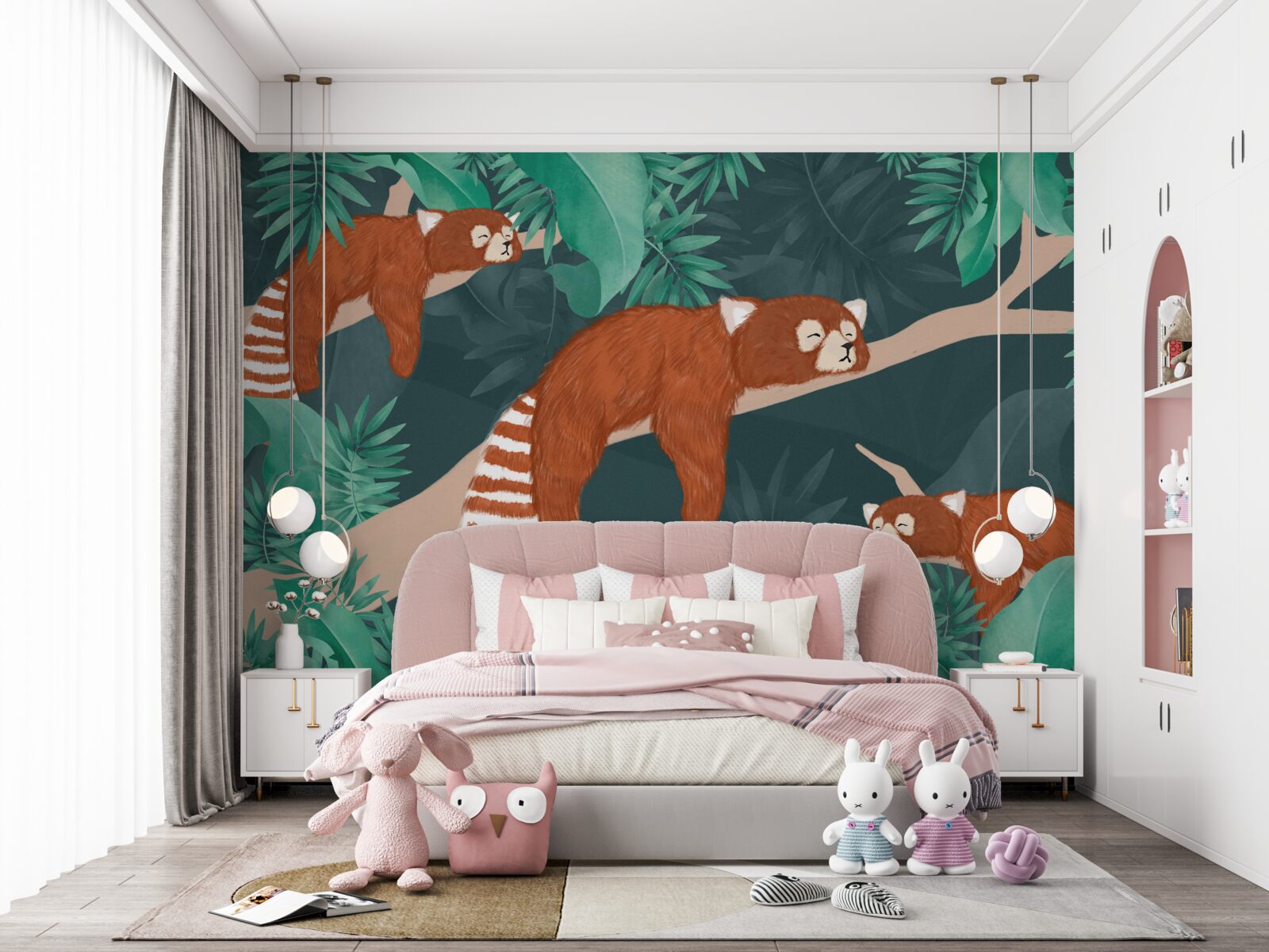 Fotobehang oranje panda's rustend op takken