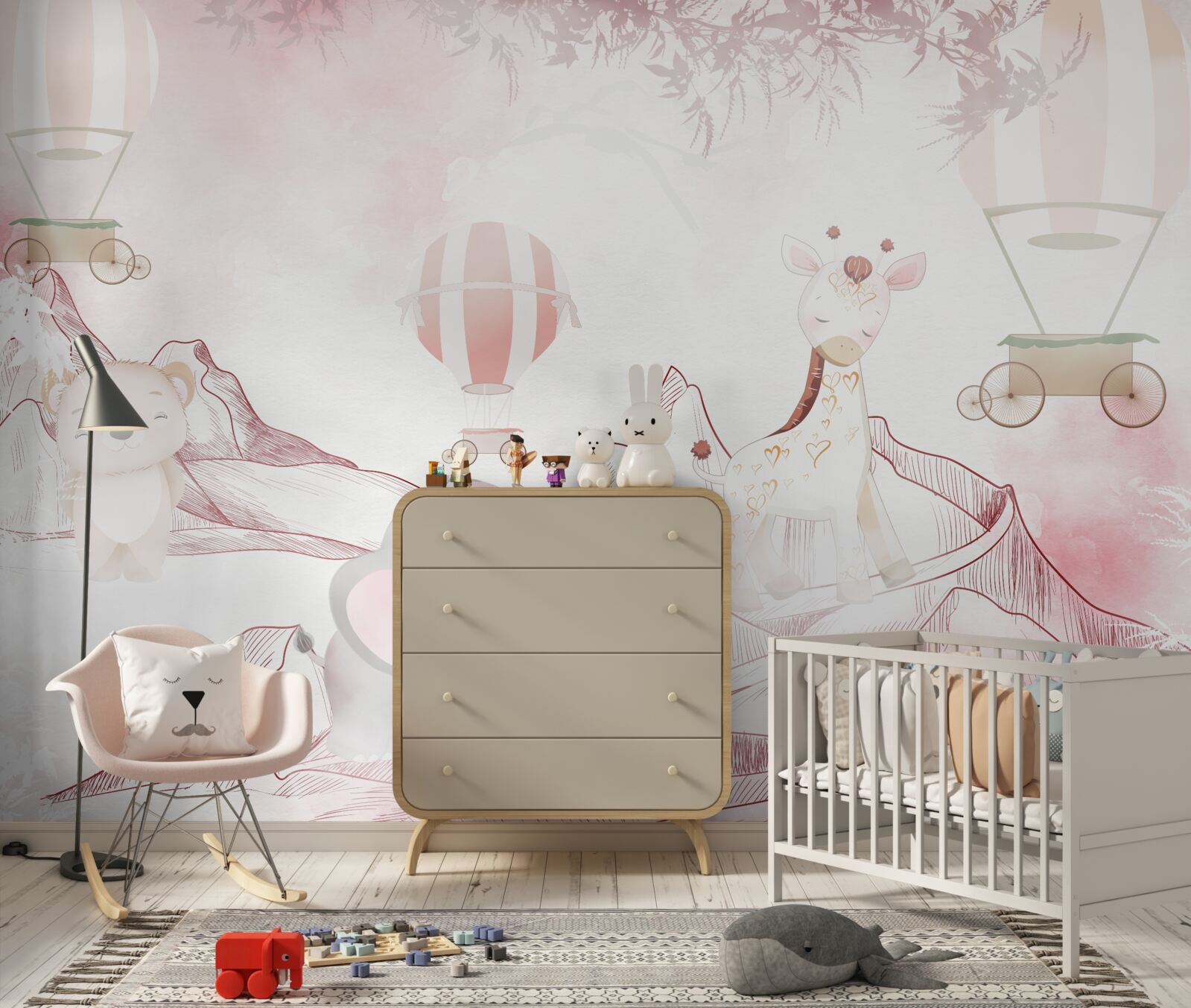 Fotobehang felroze dieren en vliegende ballen