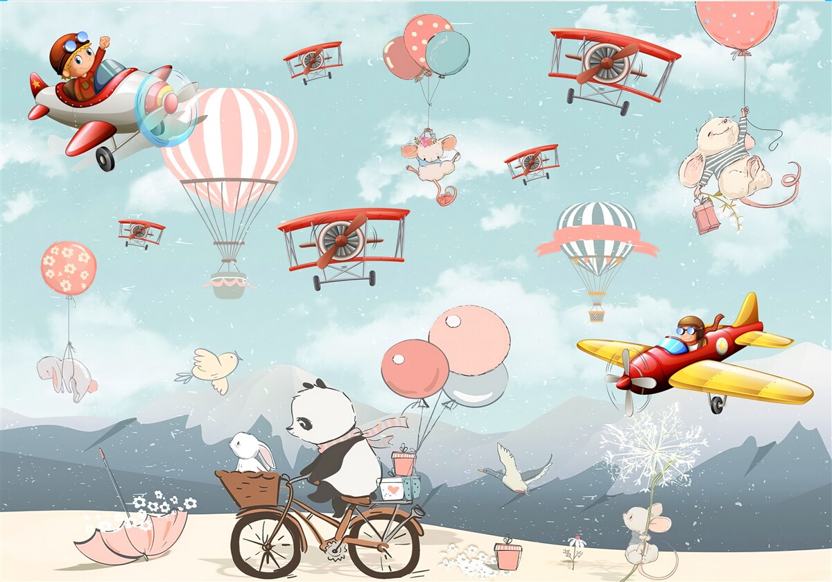 Fotobehang fietspanda en andere fauna vliegen rond