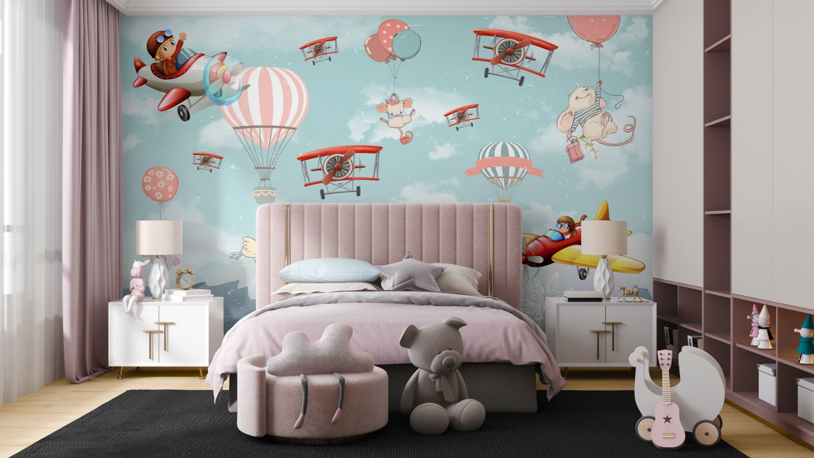 Fotobehang fietspanda en andere fauna vliegen rond