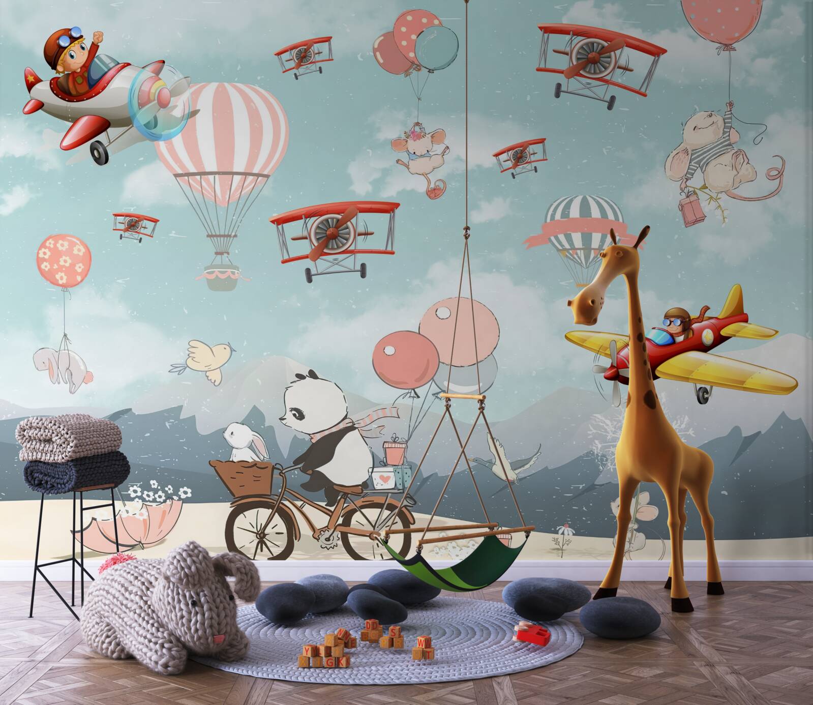 Fotobehang fietspanda en andere fauna vliegen rond