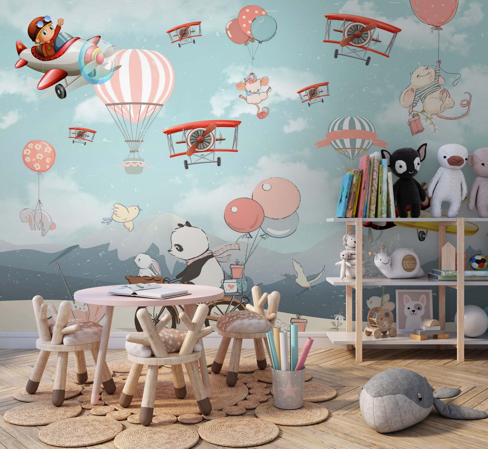 Fotobehang fietspanda en andere fauna vliegen rond