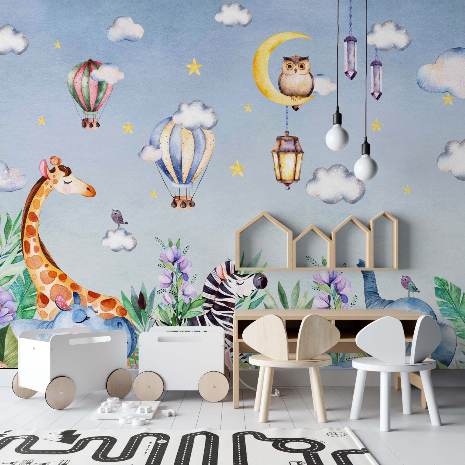 Fotobehang schattige dieren en grappige ballonnen