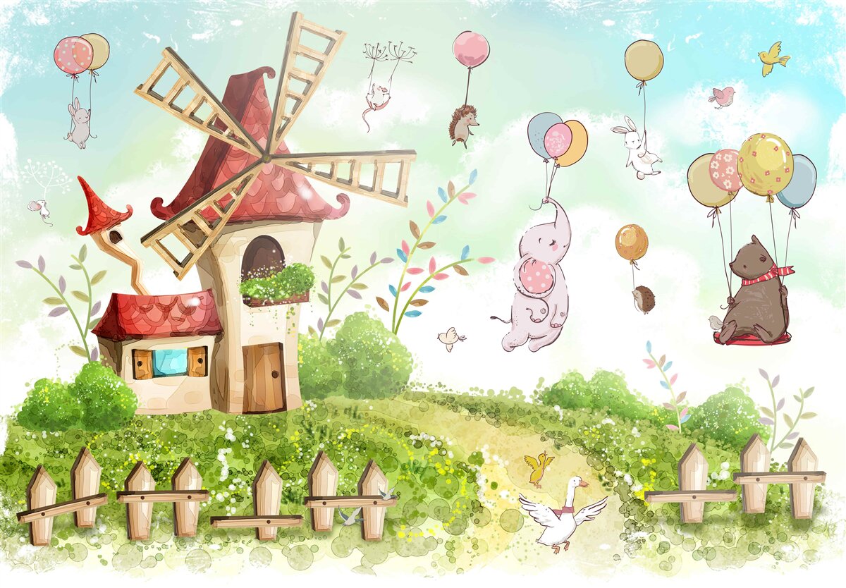 Fotobehang wezens zweven boven de grond in ballonnen