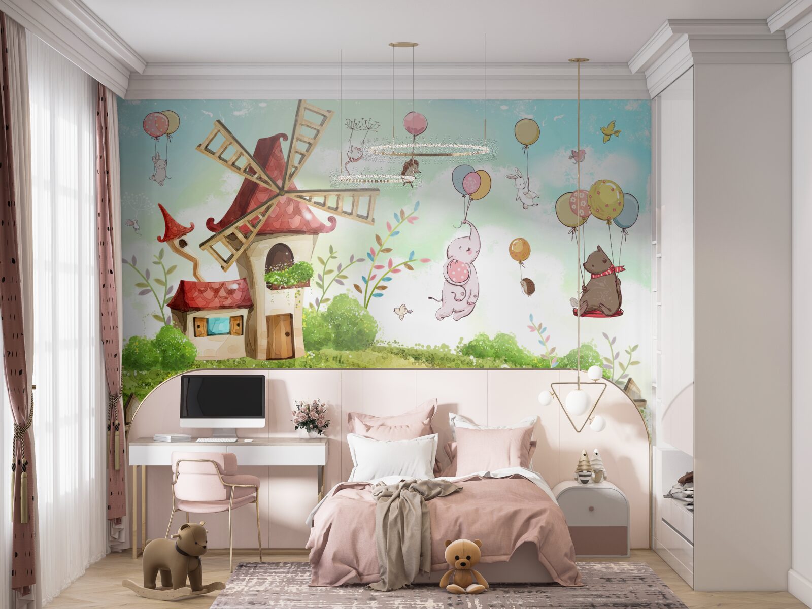 Fotobehang wezens zweven boven de grond in ballonnen