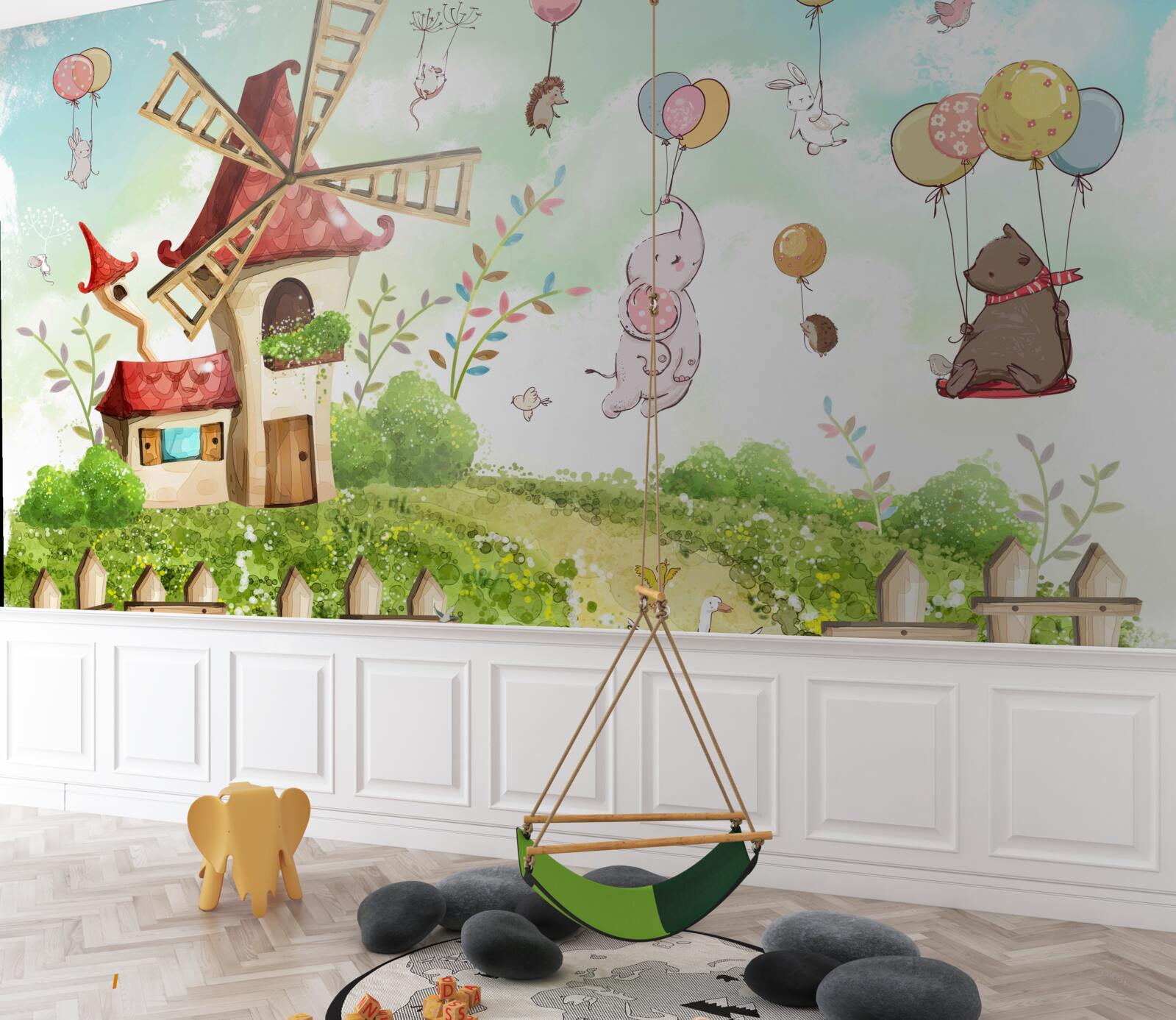 Fotobehang wezens zweven boven de grond in ballonnen