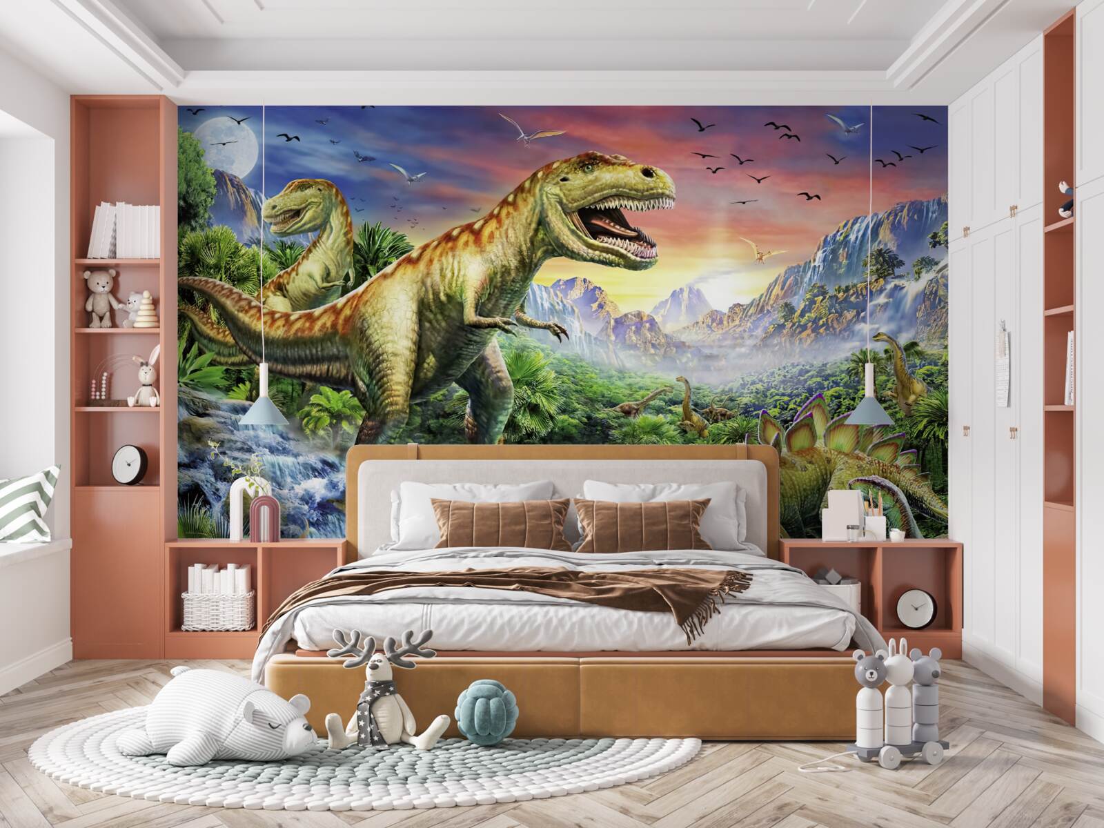 Fotobehang dinosaurussen op bergtoppen